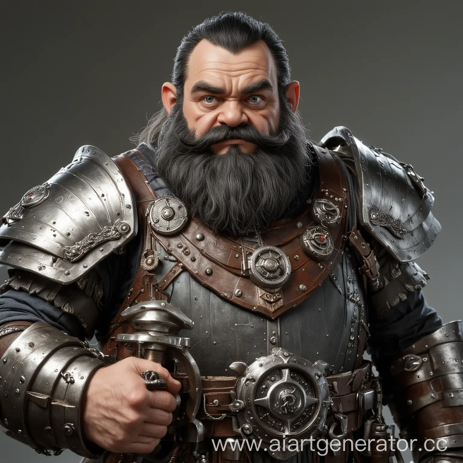 BlackHaired-Dwarf-Engineer-in-Heavy-Metallic-Armor-with-Monocle-Shield-and-Mace
