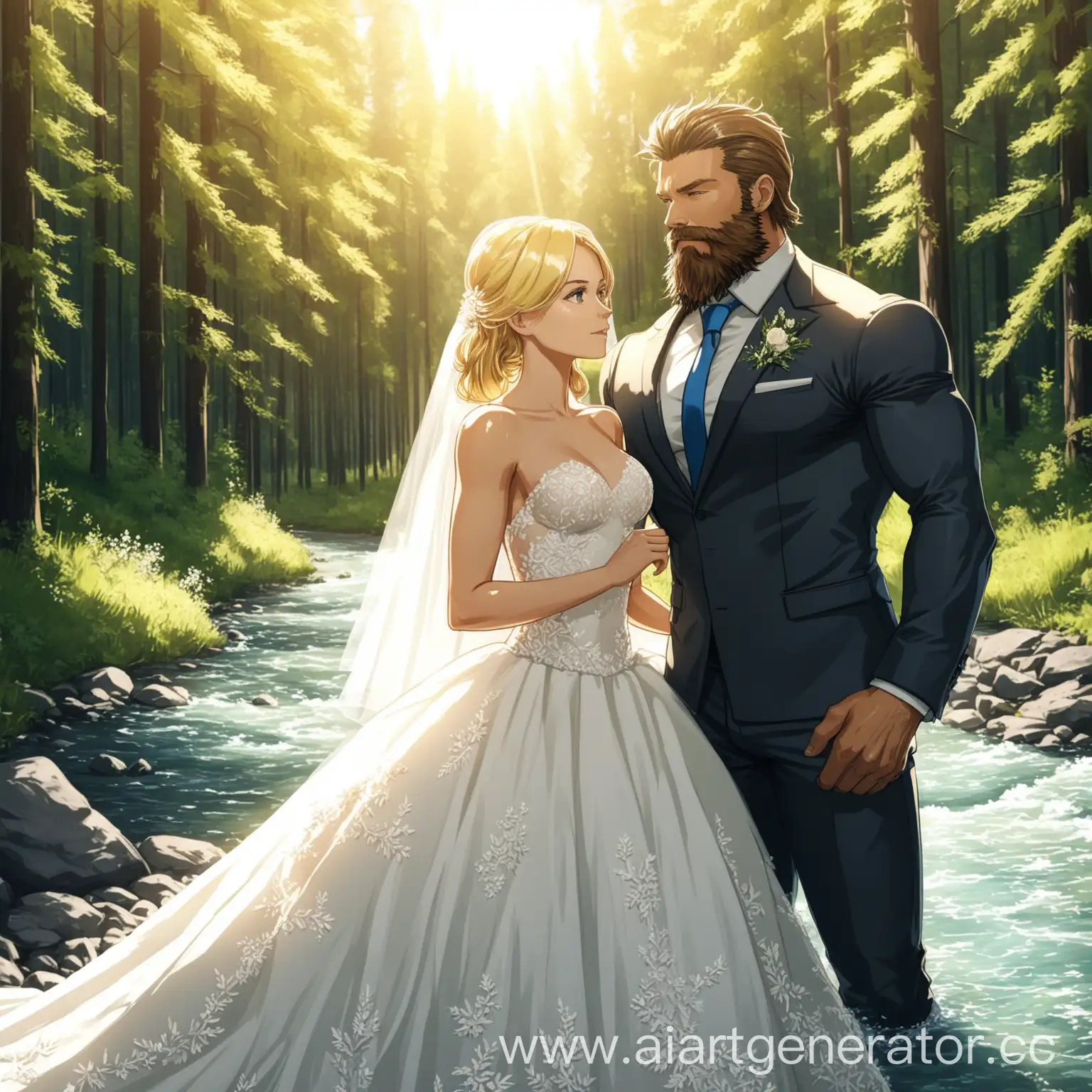 river, forest, sunny, blonde girl in a wedding dress, brunette muscular man with a beard in a suit