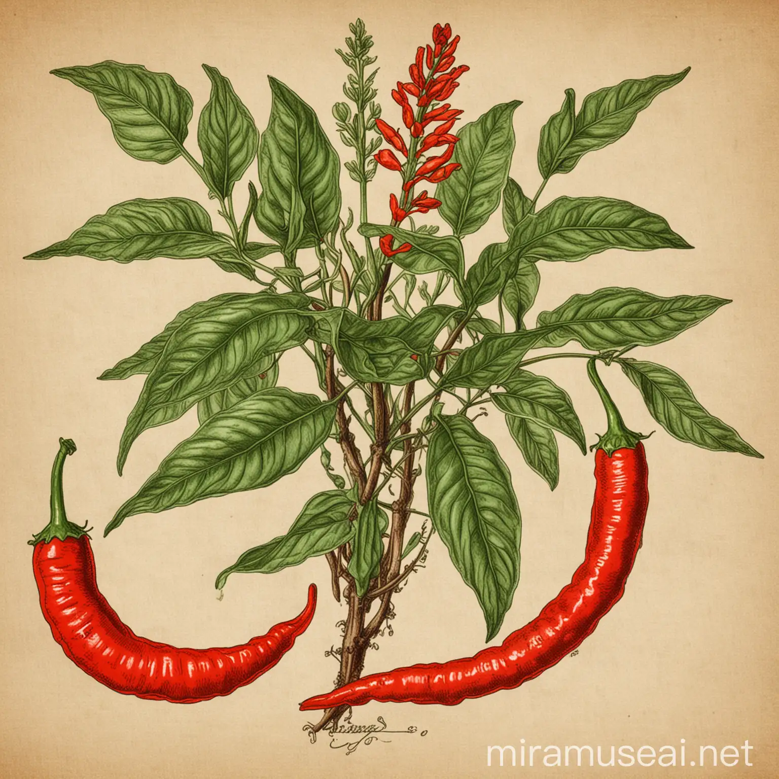 cayenne peppers and cayenne plant in the style of a 1700's scientific drawing. use color.