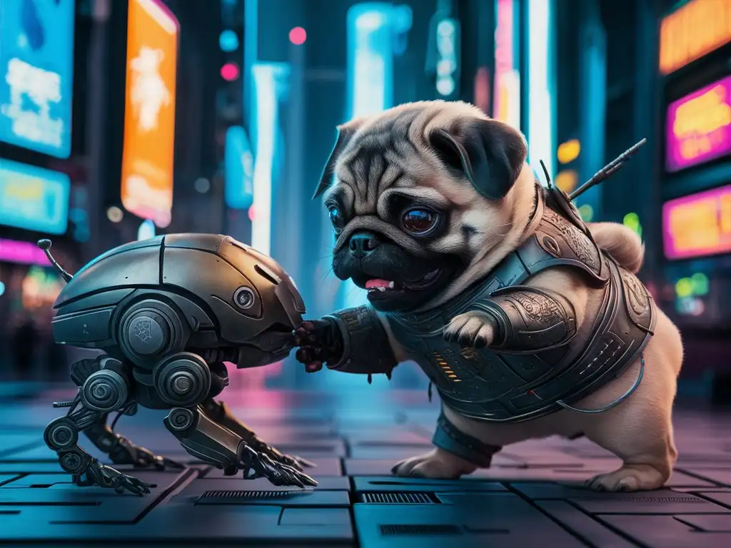 Adorable-Pug-in-Cyberpunk-Cityscape-Battling-a-Robot