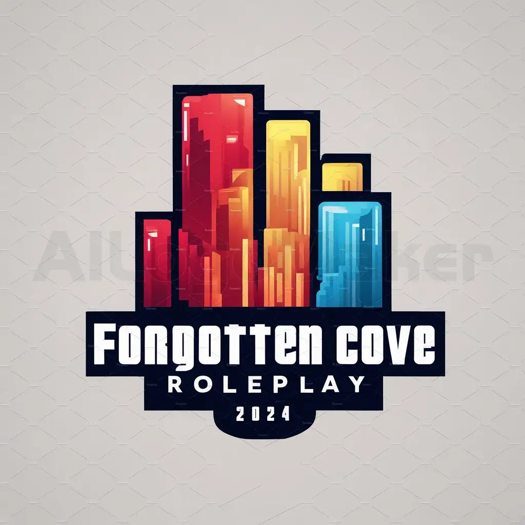 a logo design,with the text "Forgotten Cove RolePlay 2024", main symbol:color modern city cove with red and blue lights for a grand theft auto roleplay server,Moderate,be used in gaming industry,clear background