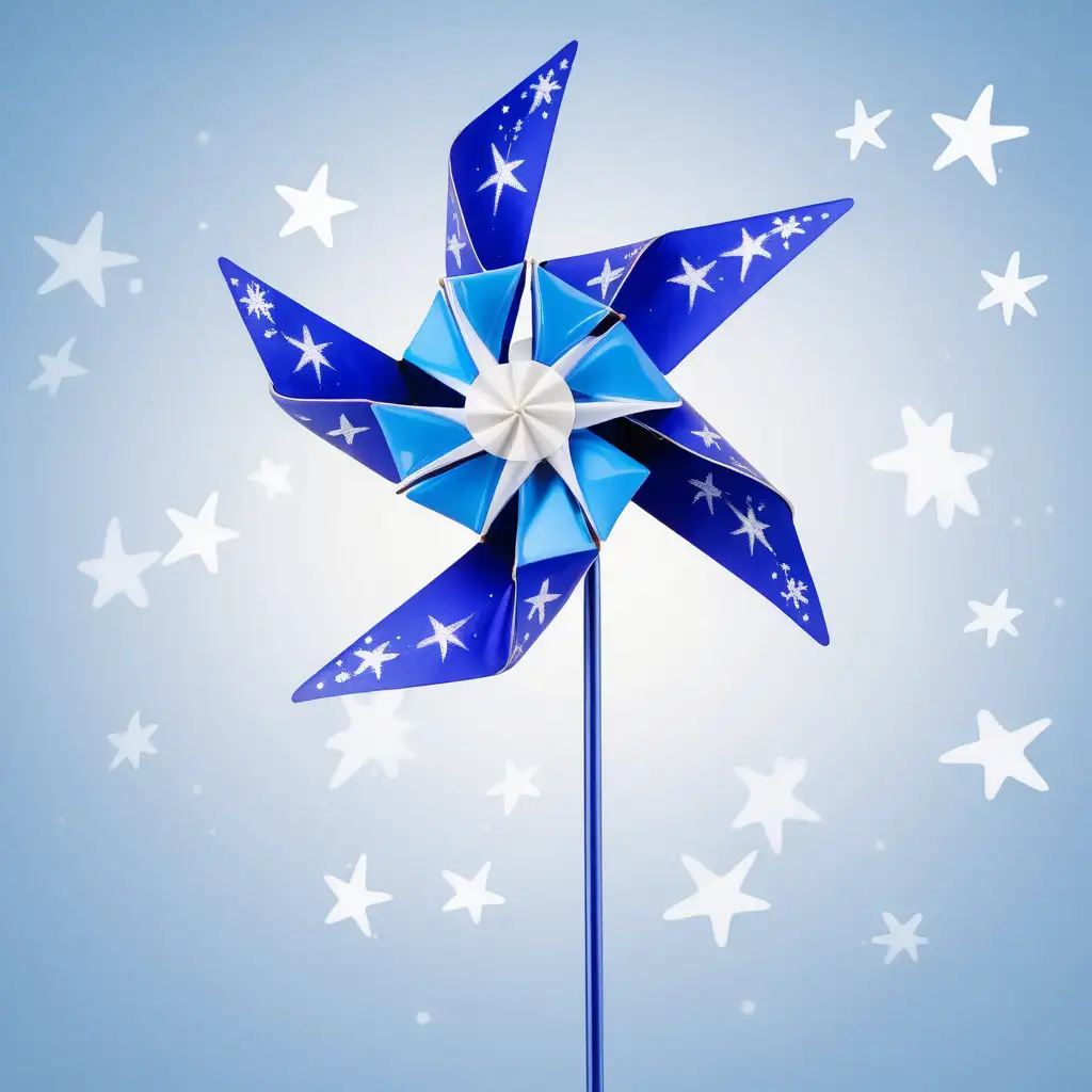 Shimmering Blue Pinwheel with White Stars on Clean Background