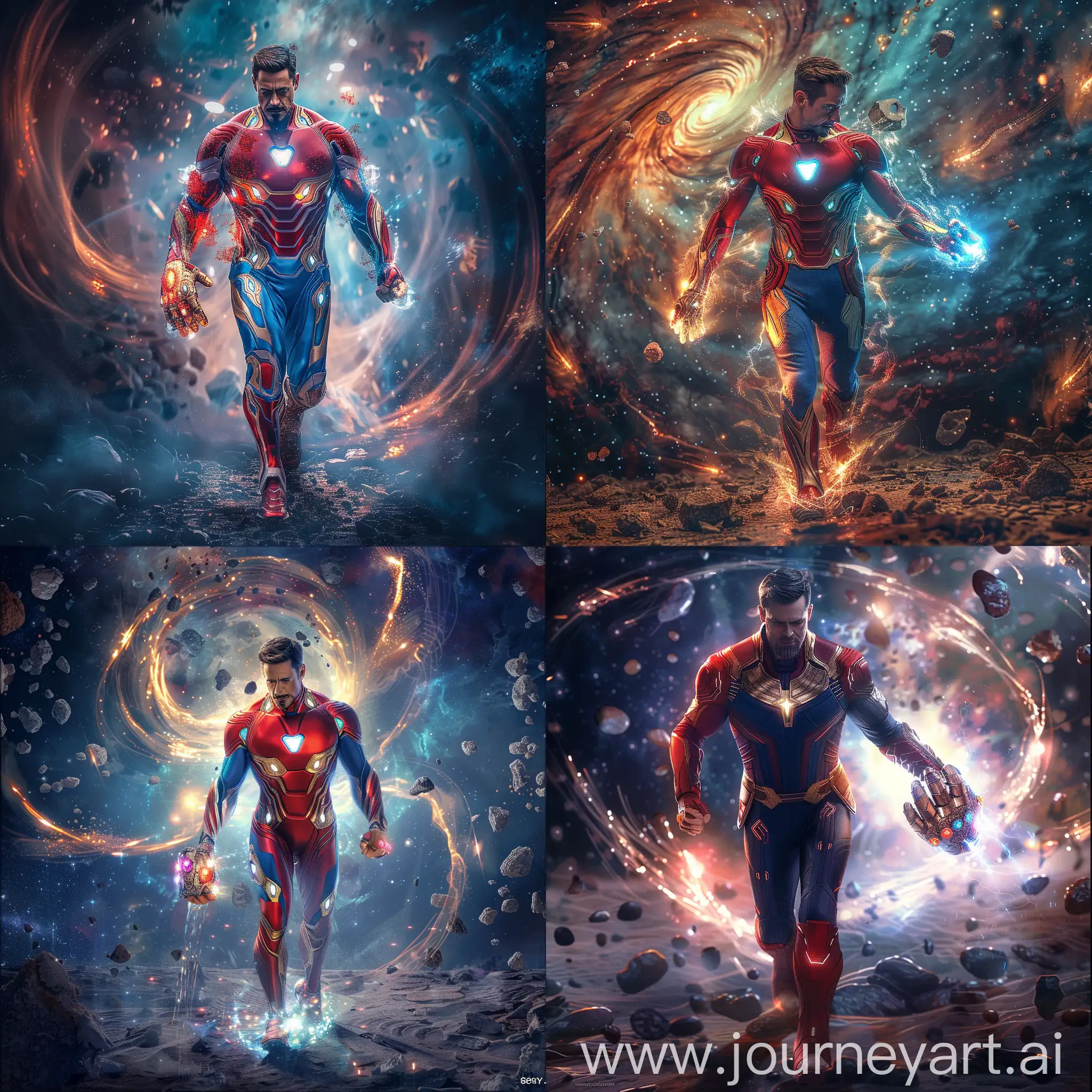 A man in a red and blue superhero costume walking in space, holding Thanos' gauntlet, highly detailed, epic, dramatic, striking pose, muscular physique, intricate costume details, glowing stones on the gauntlet, swirling cosmic background, glowing energy effects, hyper-realistic, volumetric lighting, dramatic shadows, cinematic framing, cinematic lighting, photorealistic, f/1.2, 85mm, Sony FE, 8K, masterpiece