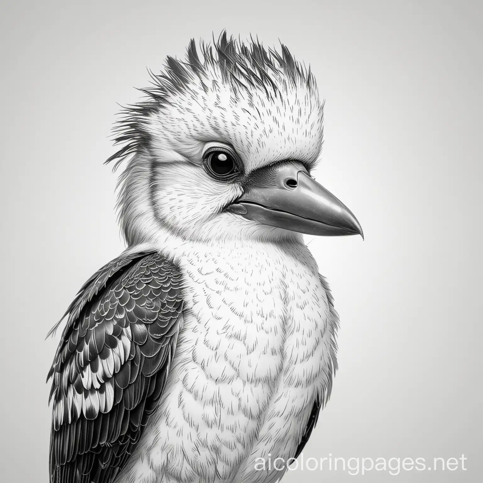 A kookaburra with an annoyed look on his face, Coloring Page, black and white, line art, white background, Simplicity, Ample White Space. The background of the coloring page is plain white to make it easy for young children to color within the lines. The outlines of all the subjects are easy to distinguish, making it simple for kids to color without too much difficulty