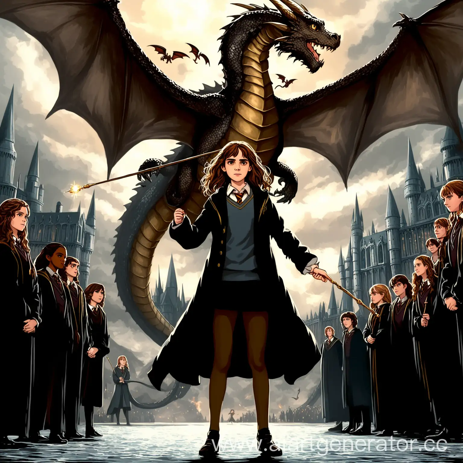 Courageous-Hermione-Wielding-Wand-Against-Flying-Dragon