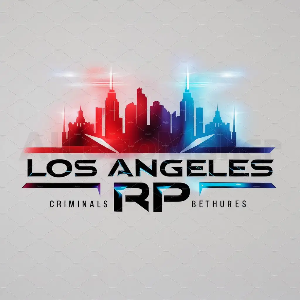 a logo design,with the text "LOS ANGELES RP", main symbol:Skylines flashing red and blue lights with criminals fighting cops,Moderate,be used in Technology industry,clear background