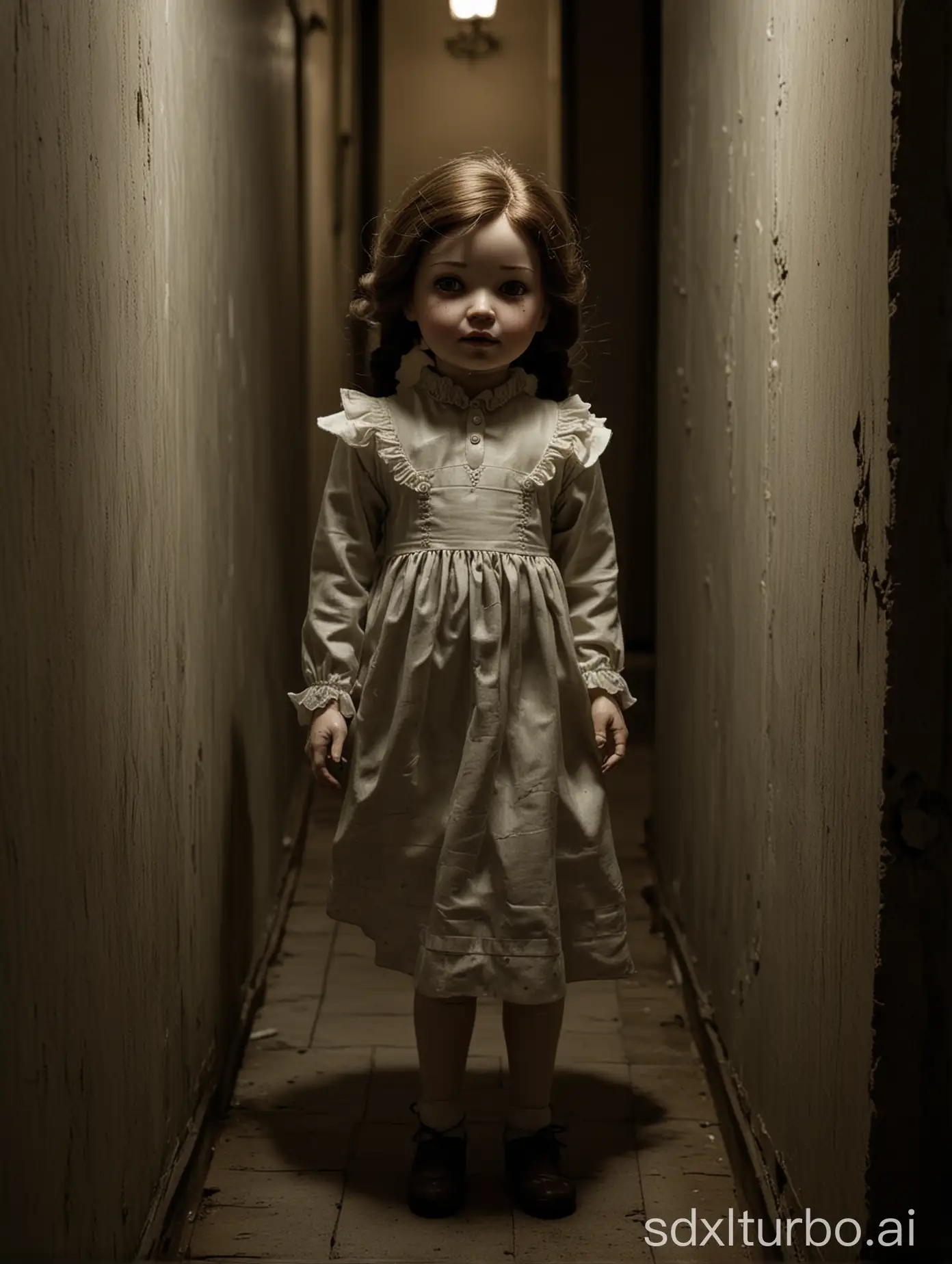 creepy porcelain china doll girl, cracked face, standing at the end of a hallway, dark barely visible lighting