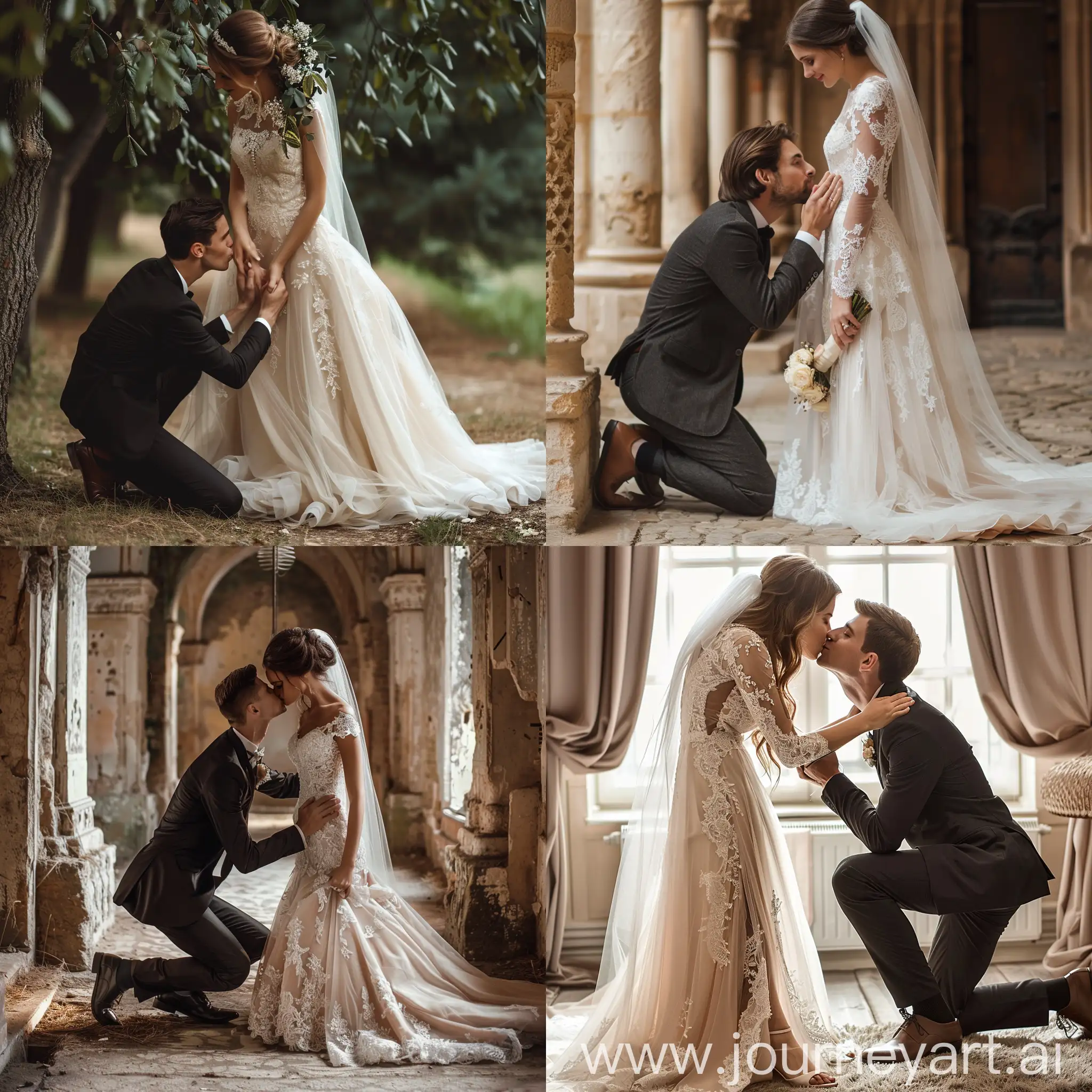 A young man in a suit kneeling before his beautiful wife in a wedding dress and kissing her feet