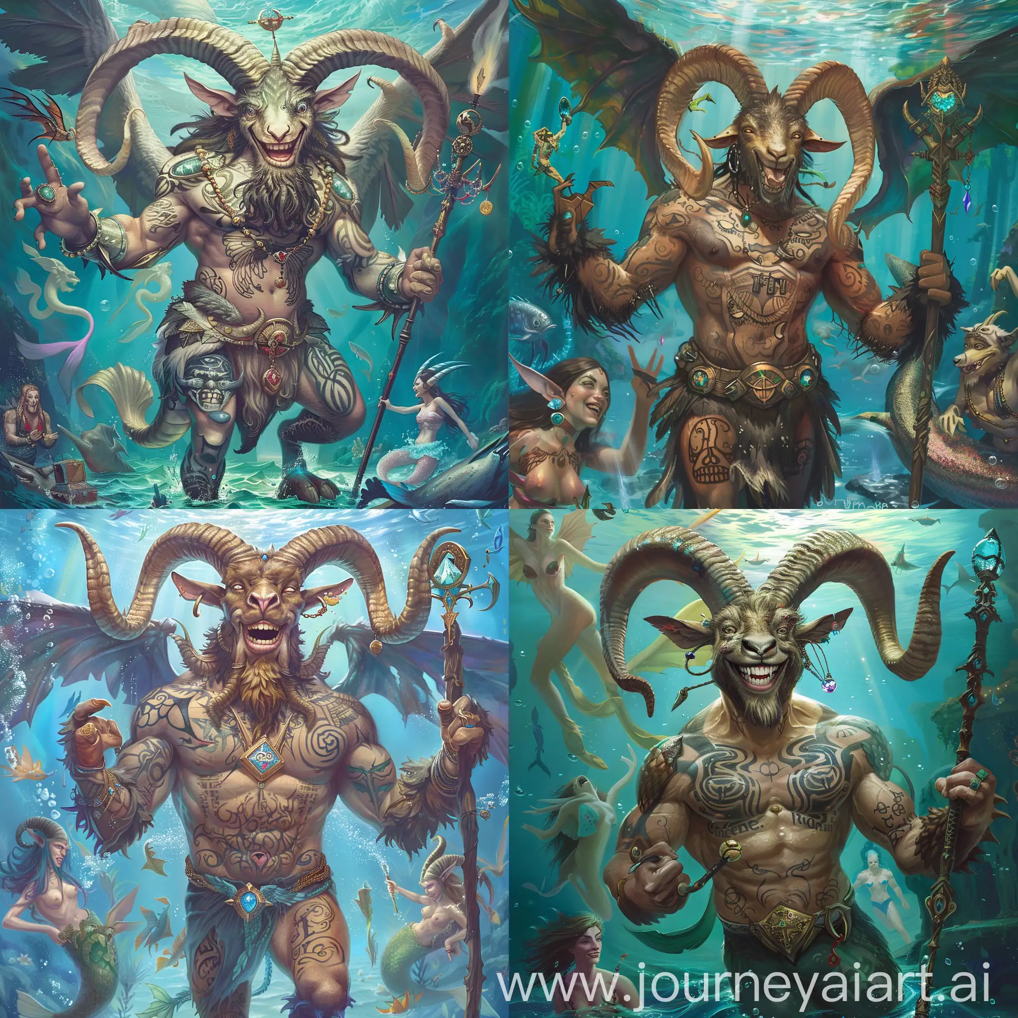 capricorn fantasy art, half goat, large goat head with a muscular like body armour, and strong front hooves, bottom half  of his chest covered in tattoos that look body looks like a water dragon w a long curled tail , wide wicked wings sprouting from its back, a big smile, and mean predator like eyes, very large horns,, furry ears,, fit, lifelike, charming, devious, doesn look like a man , looks like half goat half water dragon with wings and a big goat head smiling, resembles a wizard with magical powers, holding a long staff with a gem on top, halef in clear blue water surrounded by mermaids and treasure
 

