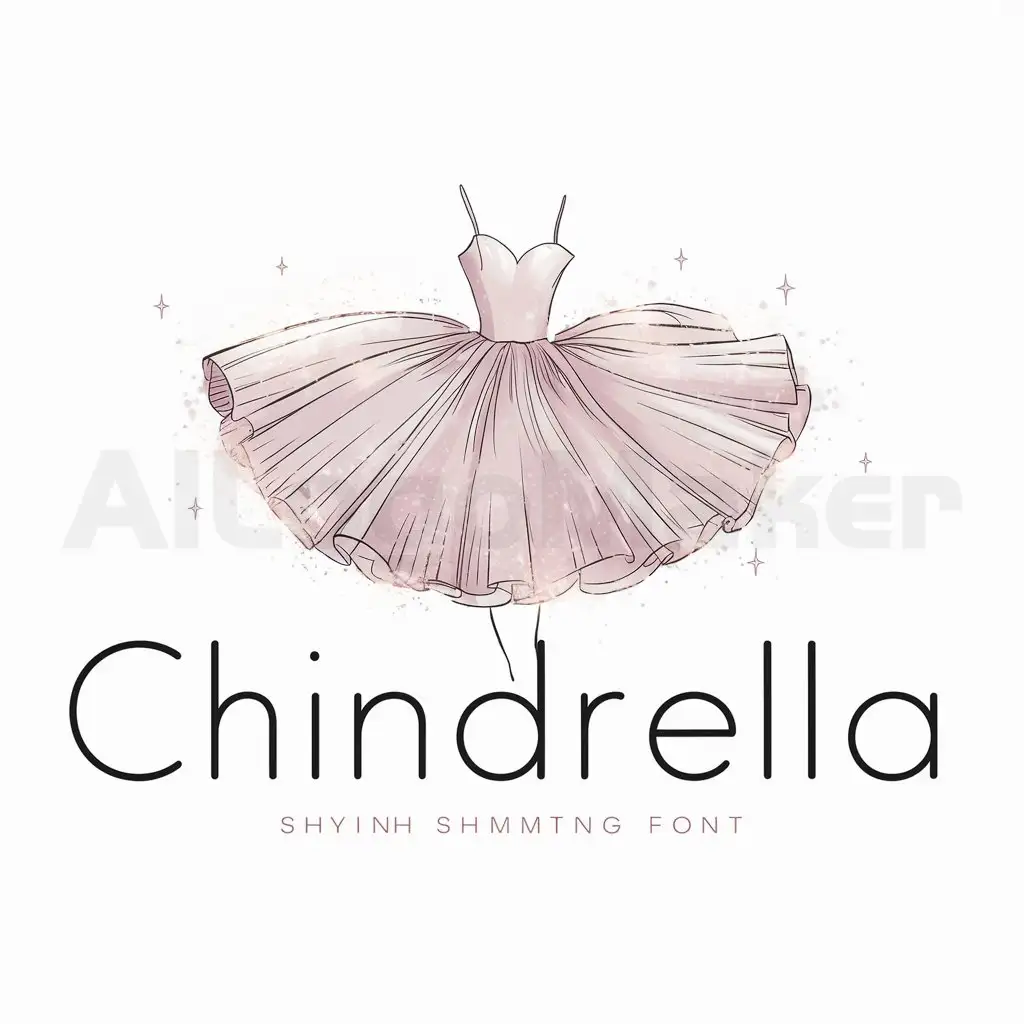 a logo design,with the text "Chindrella", main symbol:A logo design, with the text 'Chindrella', main symbol
Dress Silhouette: The central element is a voluminous dress with a full skirt, creating a sense of fluffiness. The silhouette is clean and minimal, yet the exaggerated creases give the impression of rich fabric and movement.
Texture and Sparkles: The dress is adorned with subtle sparkles, giving it an ethereal glow. These sparkles are concentrated around the hem and spread upwards, as if the dress is being touched by magic.
Typography: The word “Chindrella” is placed directly below the dress. The font is modern and delicate, with a touch of whimsy to match the magical theme. It should be legible and scalable, suitable for various applications.
Color Palette: Consider a pastel color scheme with a primary focus on soft pinks or purples to maintain a feminine and enchanting feel. The sparkles could be in a contrasting shimmering gold or silver to stand out against the dress.
,Minimalistic,be used in Clothing industry,clear background