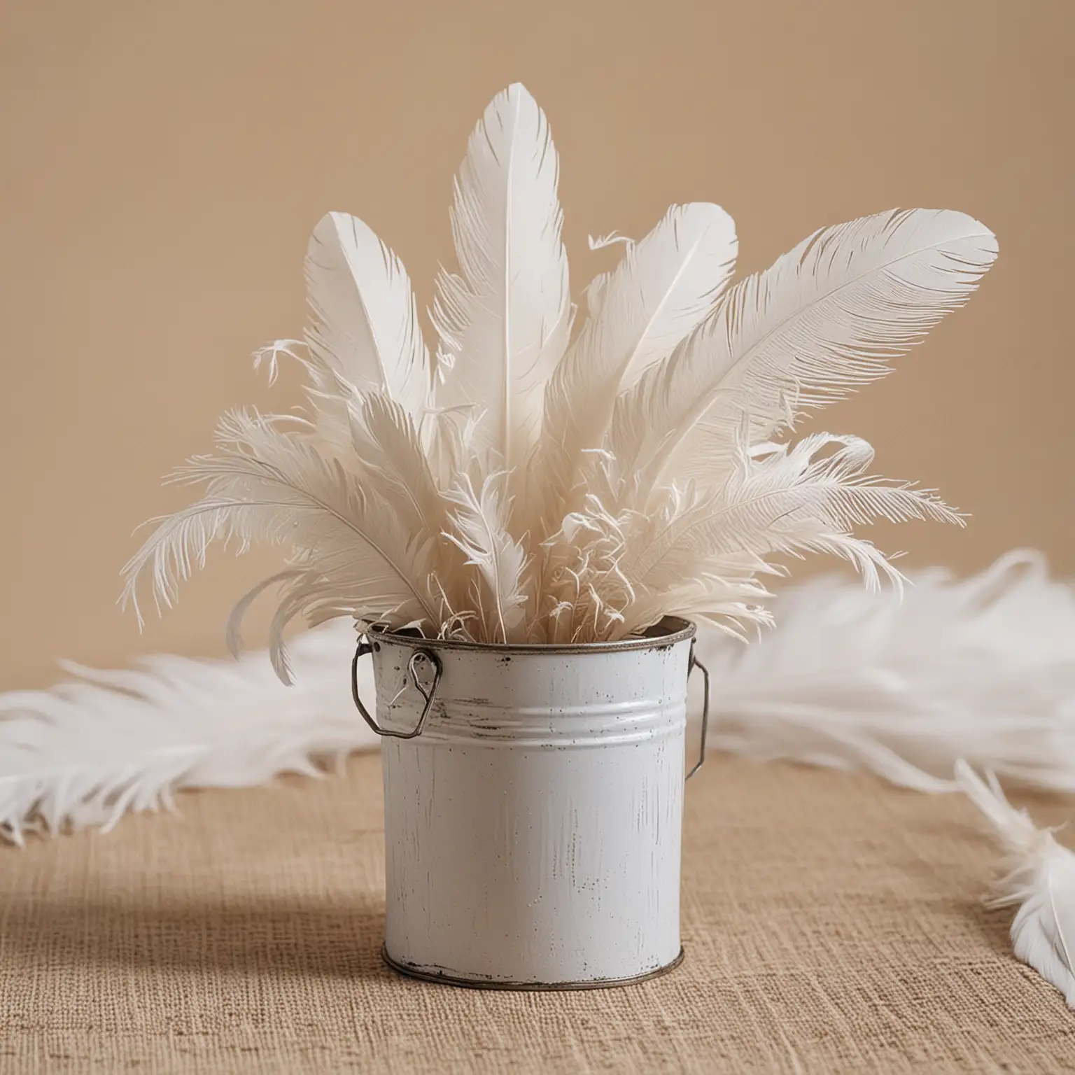 small boho wedding centerpiece with tin pail painted white holding white feathers and with a neutral background