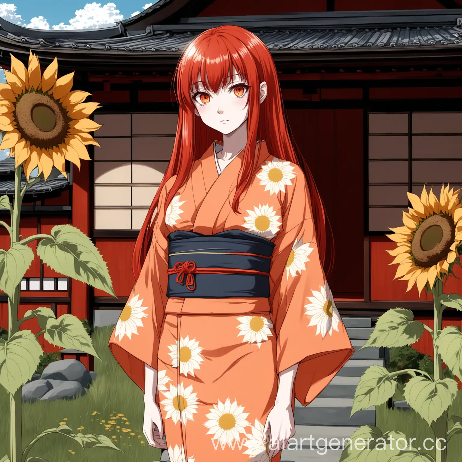 Девушка в стиле аниме с длинными рыжими волосами и чёлкой,светлая кожа,острые оранжевые глаза, худощавое телосложение,одета в кимоно салатового цвета с подсолнухами,стоит на фоне японского домика