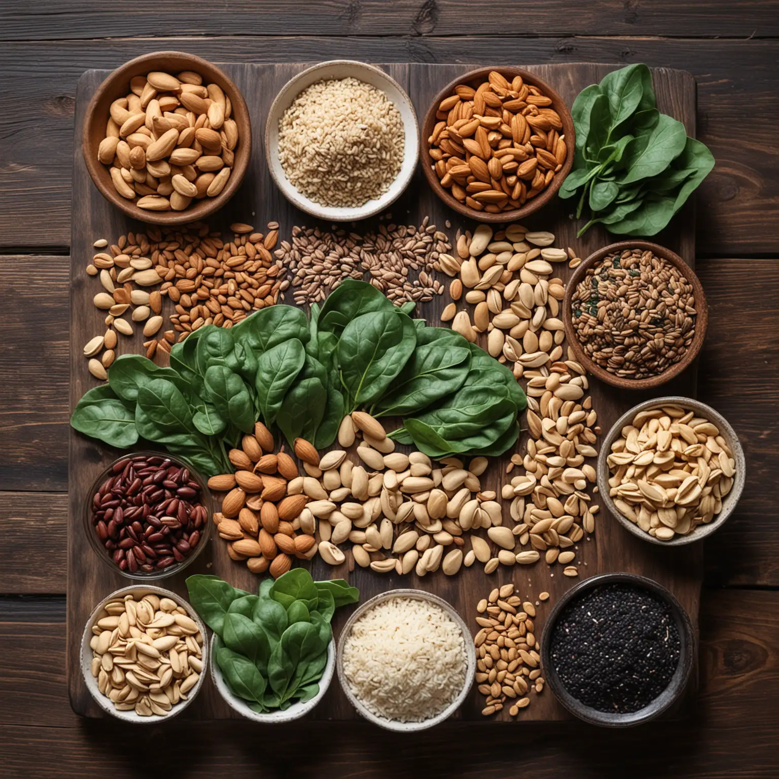 appetizing, attractive arrangement of foods on dark wooden table. foods to include: Spinach, pumpkin seeds, chia seeds, almonds, peanuts, cashews, black beans, potato, rice