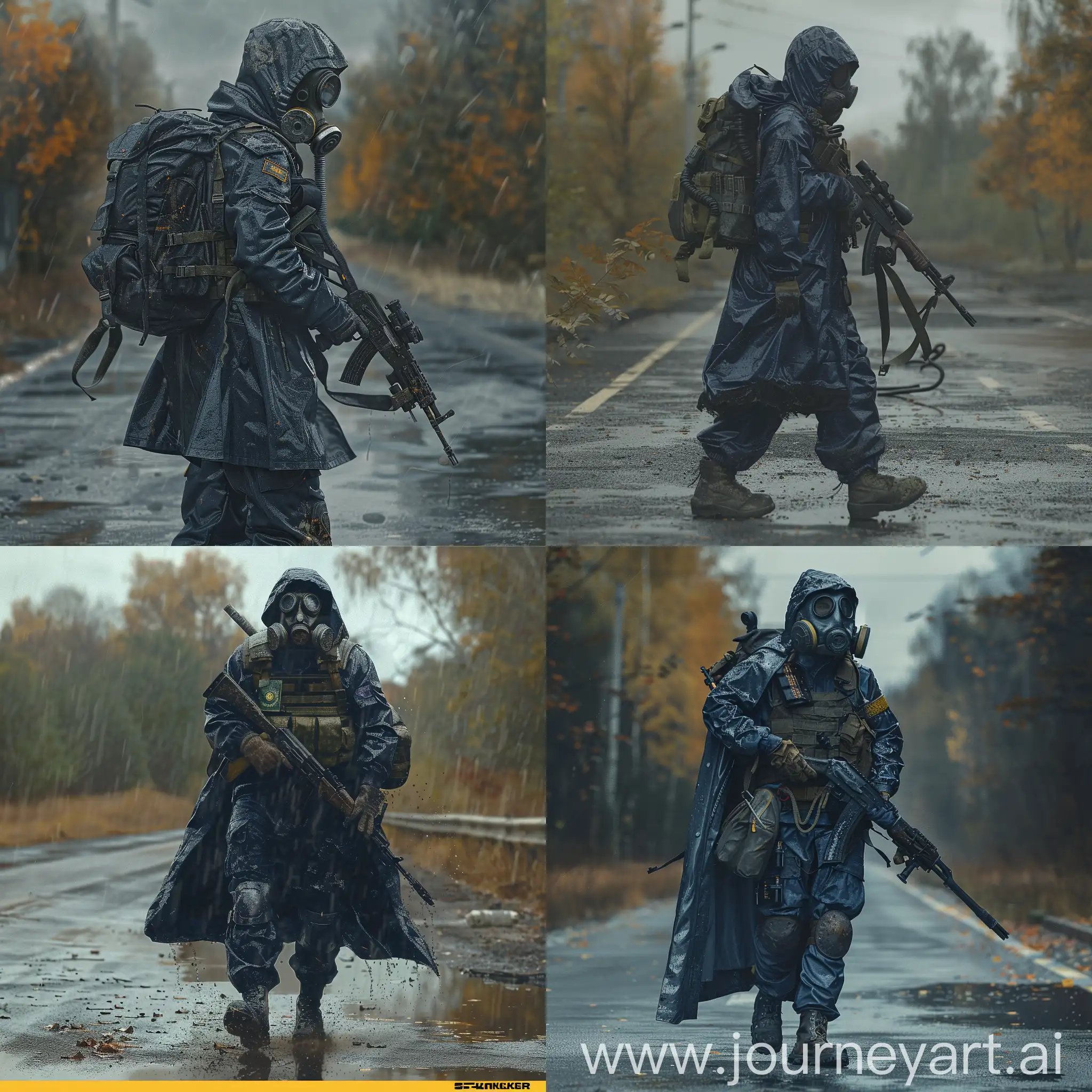 Art is a mercenary from the STALKER game, a character in a gas mask, in a dark blue military jumpsuit, a raincoat over a jumpsuit, a bulletproof vest on his body, a backpack on his back, a sniper rifle in his hands, a mercenary walks along the road of the abandoned Soviet city of Pripyat in Chernobyl, the weather is a gloomy autumn.