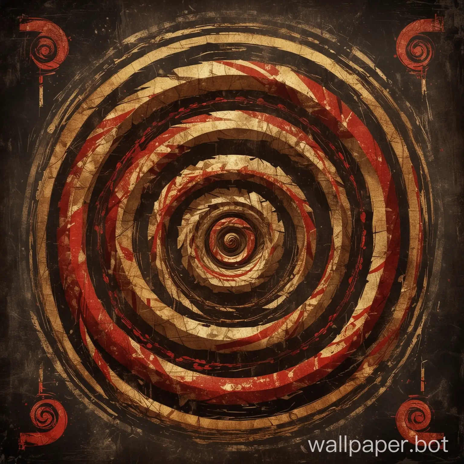 spiral energy on vintage poster, dark colors with red and gold accents