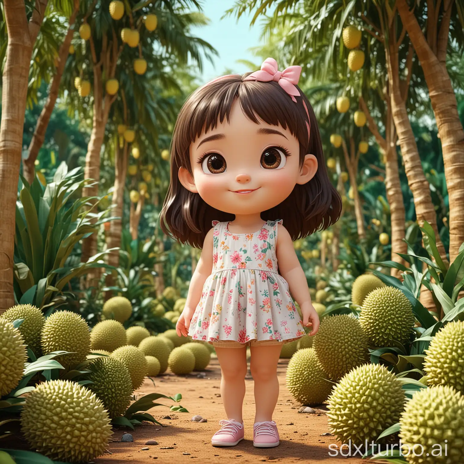 Cute 3D little girl in the durian garden,