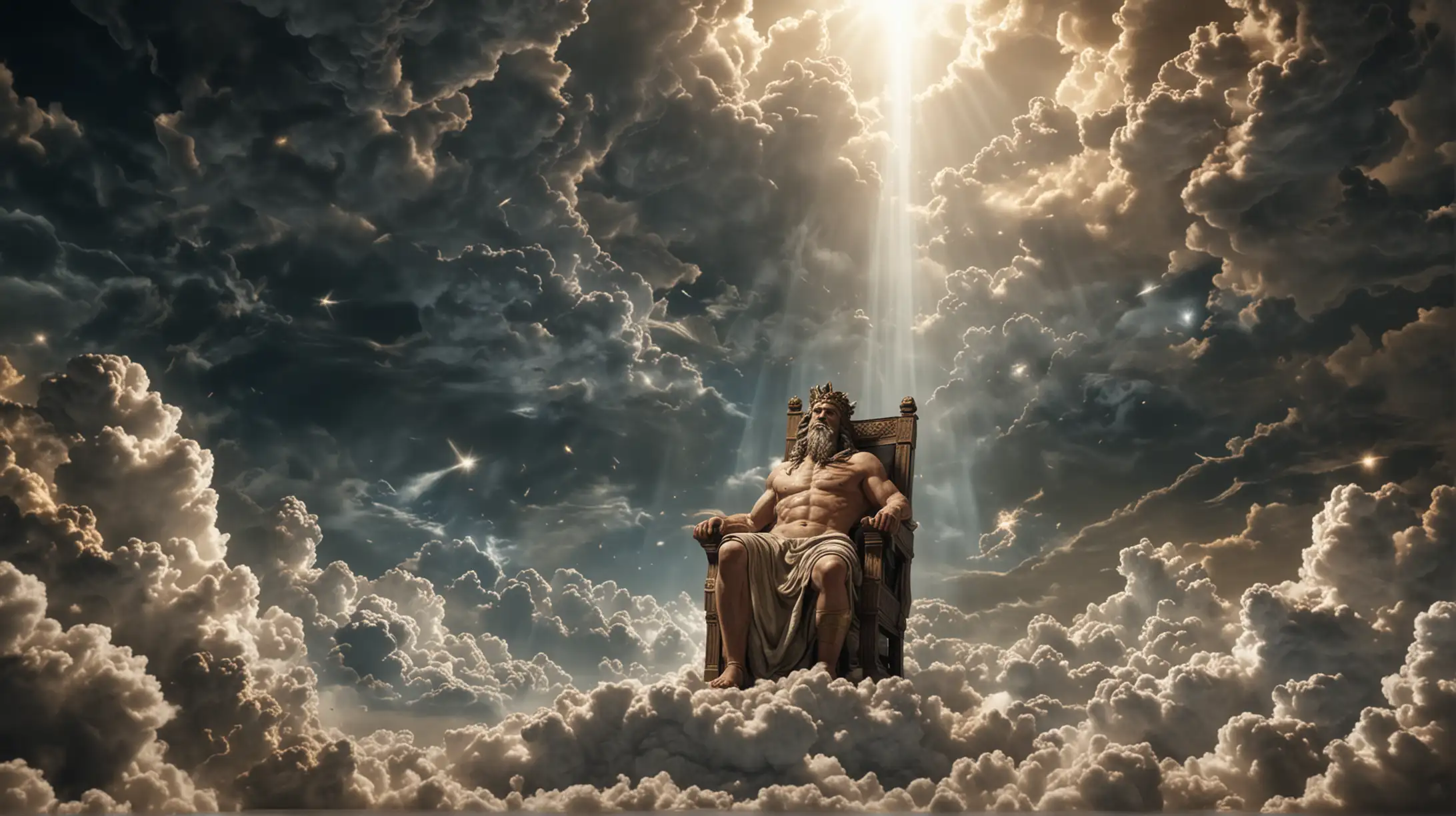 wide shot, hyper realistic shot of zeus god in the distance in heaven, sitting in a chair looking down