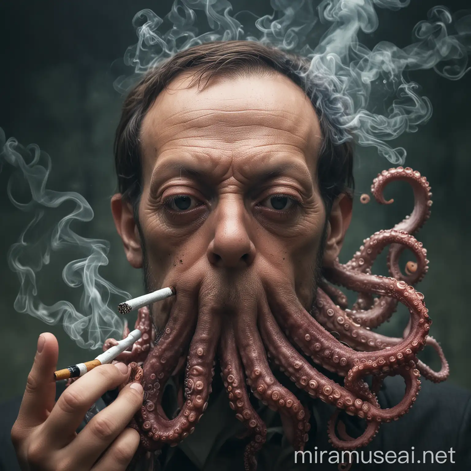 Realistic Octopus with HumanLike Face Smoking