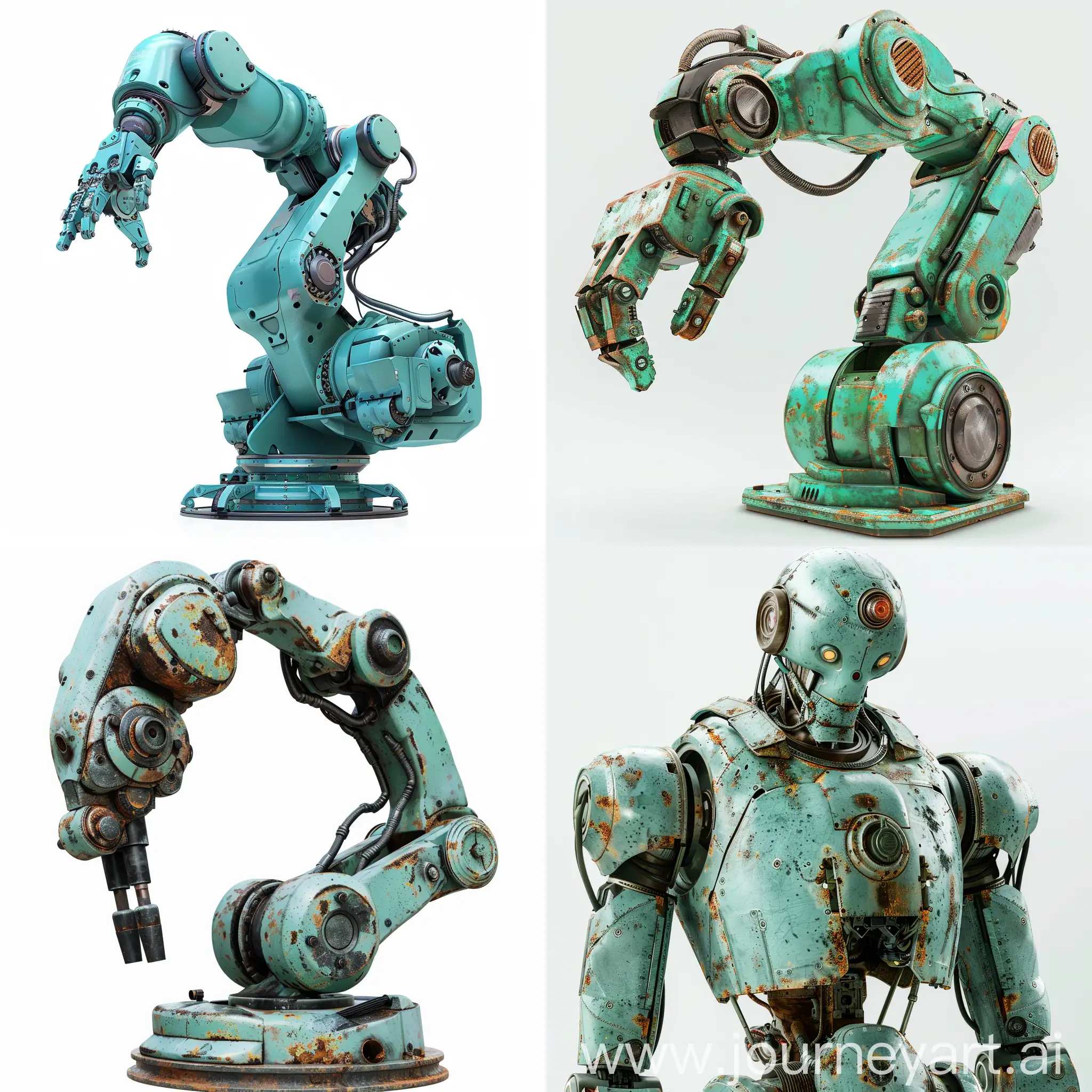 做一个工业机器人图片，白色背景，青绿色的外观，金属材质，单独一个模型