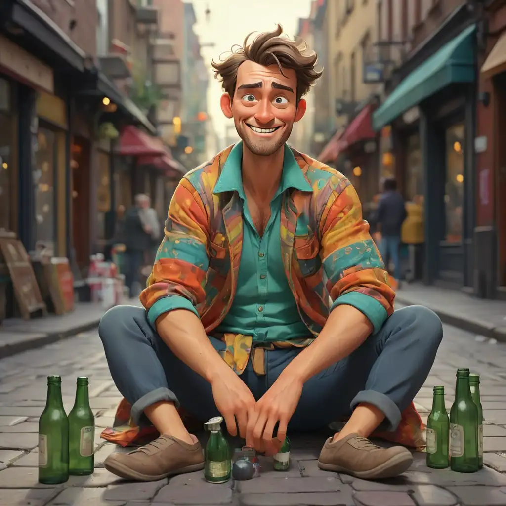 мультяшный красивый мужчина пьяный ярко одетый сидит на полу на оживленной людьми улицы с бутылками в руках в полный рост с бутылками