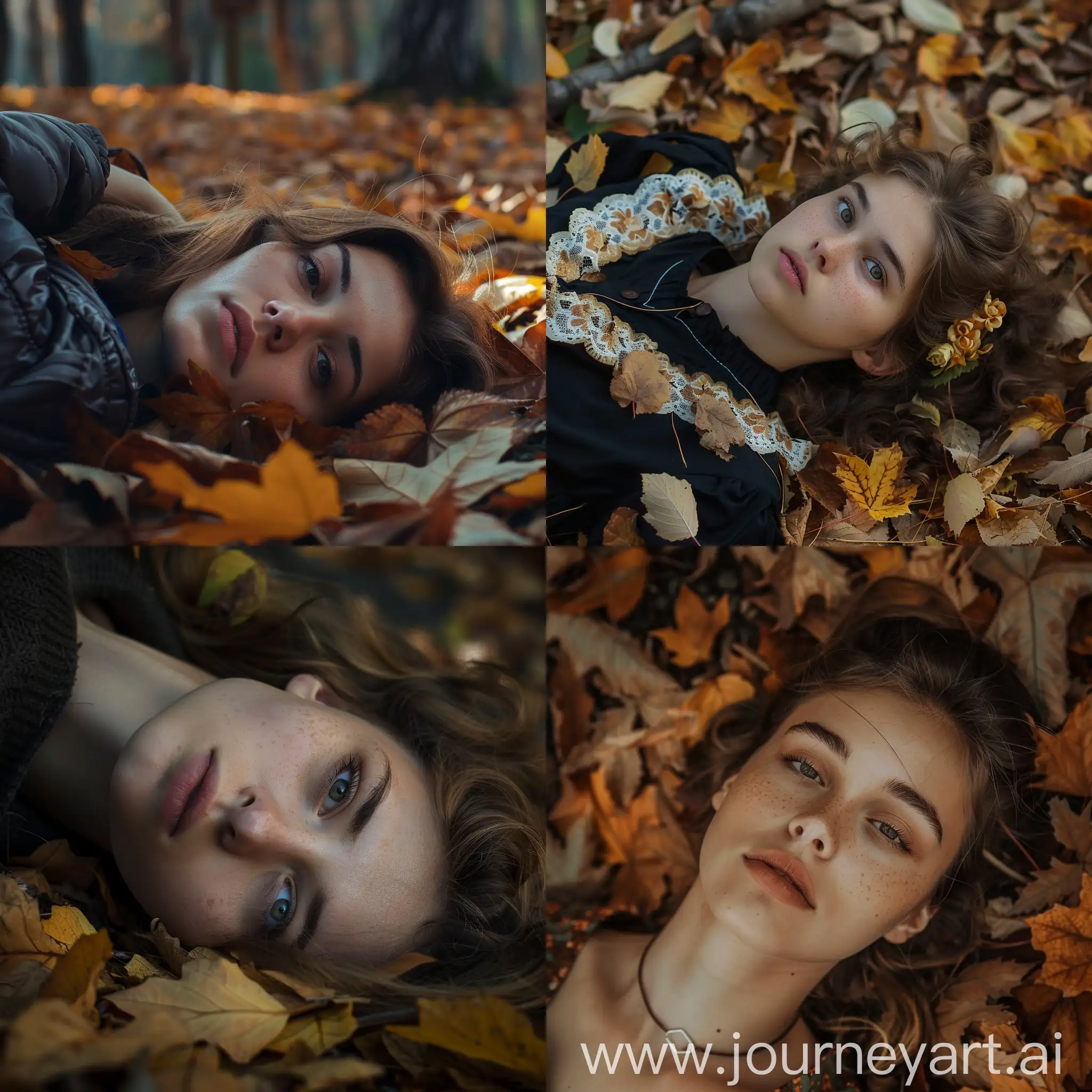 A beautiful Ukraine girl is lying on autumn leaves, boring