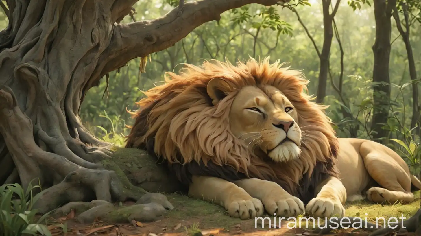 A peaceful forest scene with a lion sleeping under a tree.