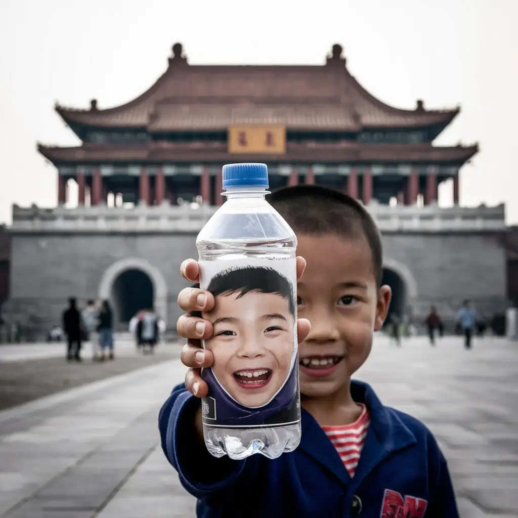 a boy, holding a mineral water bottle, the bottle label has a photo of this boy, with Tiananmen Tower at the back