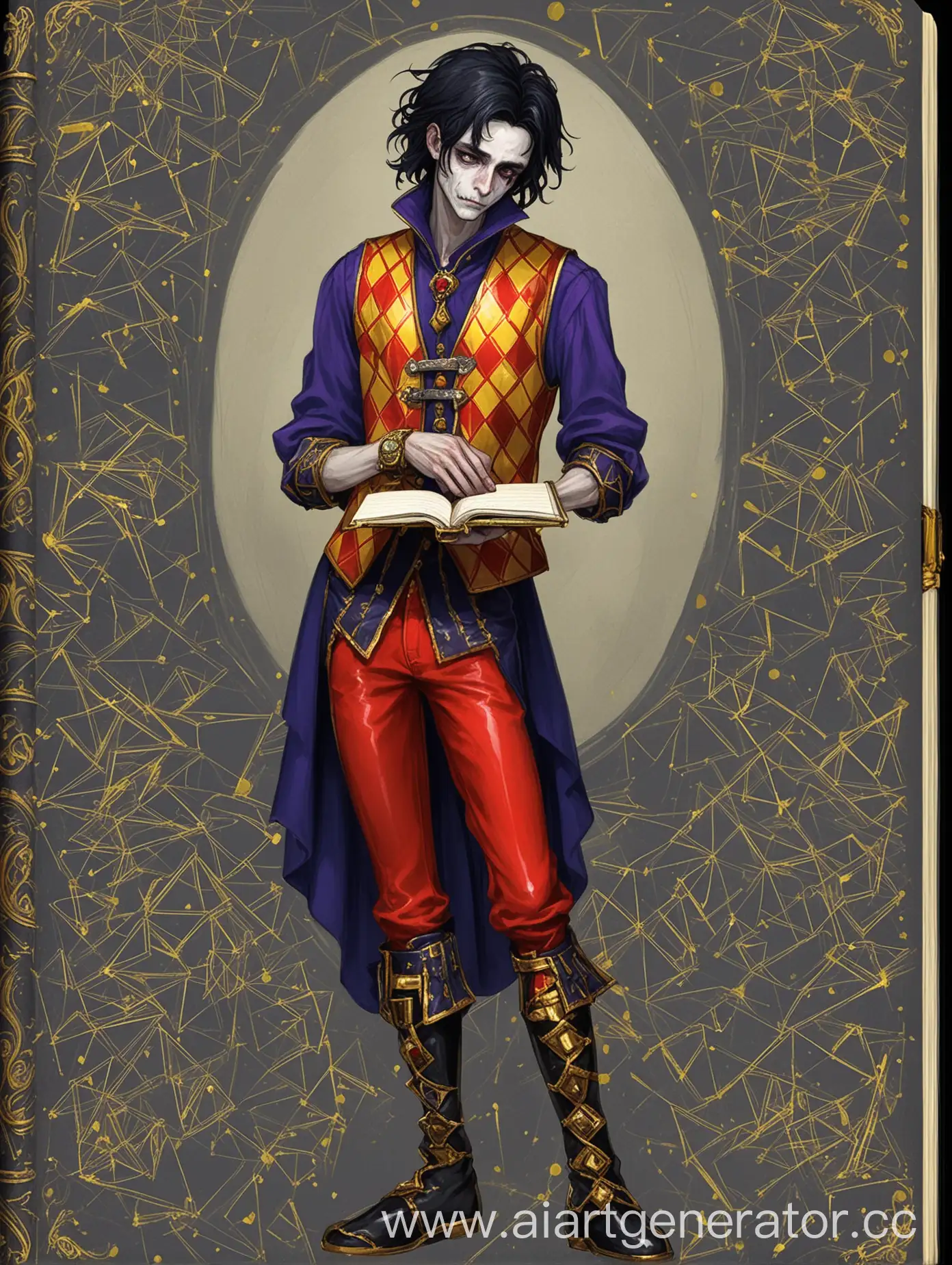 Jester-with-Pale-Face-Holding-Ancient-Diary-in-Colorful-Costume