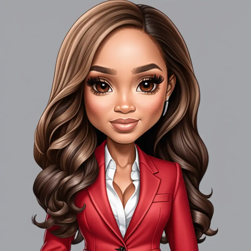 Chibi Style Portrait of a Megan Markle LookAlike in Red Suit and Stiletto Heels