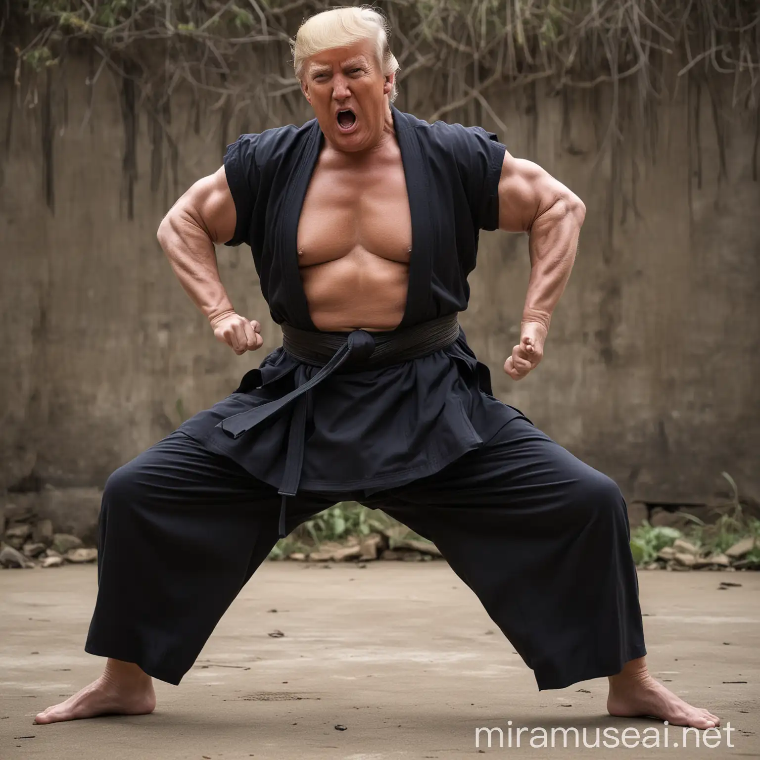 Donald Trump very muscular on a kungfu pose