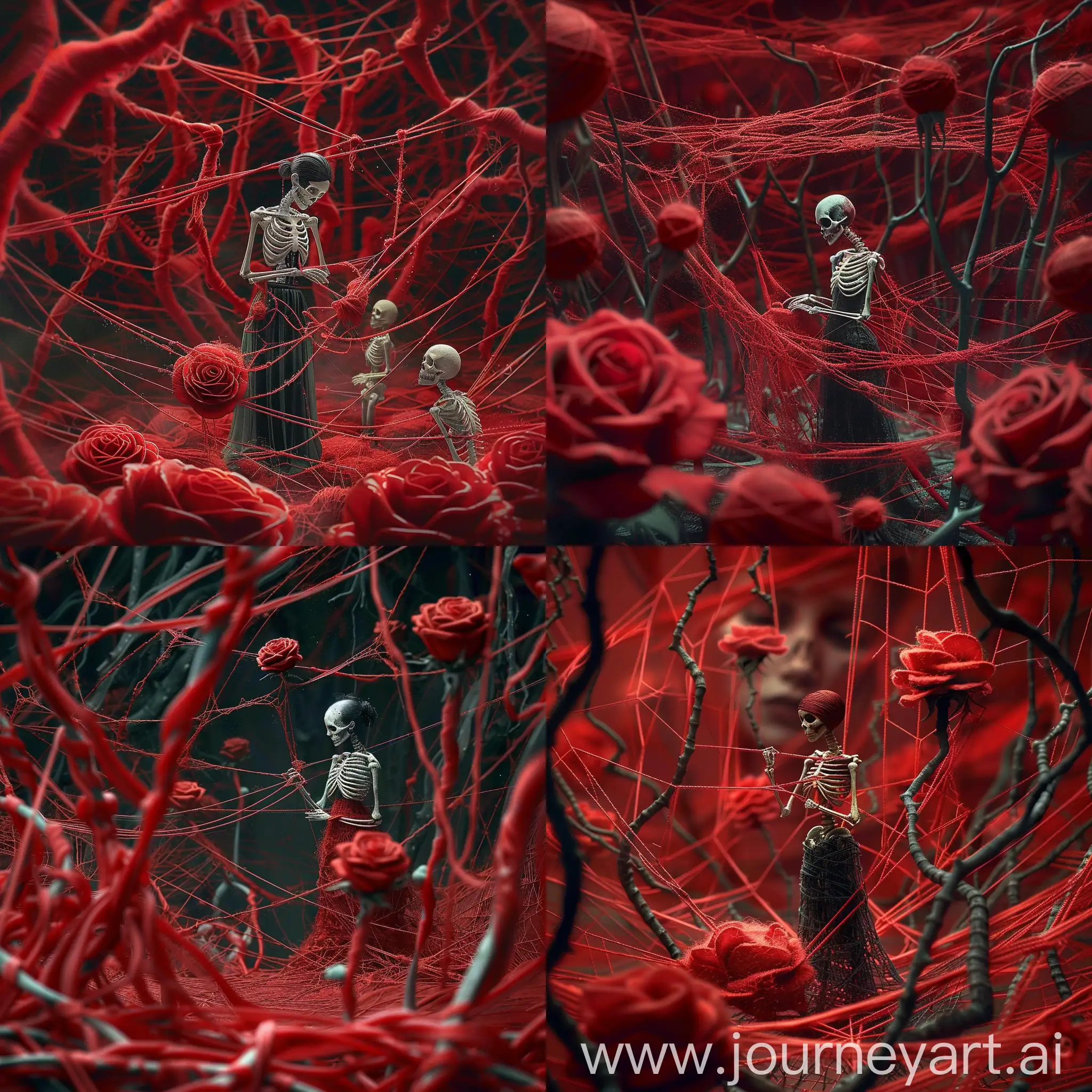 an image of a woman sewing from skeletons standing amidst a complex web of red strings. The strings should be intricately woven around and in front of the person, creating a sense of entanglement. The background should be emphasize the web of red liquid strings. some woven wovens into little rose The overall style should be aesthetic and capture the dynamic and slightly chaotic feel, photo realistic face, in the dark forest, from wool rose to real rose