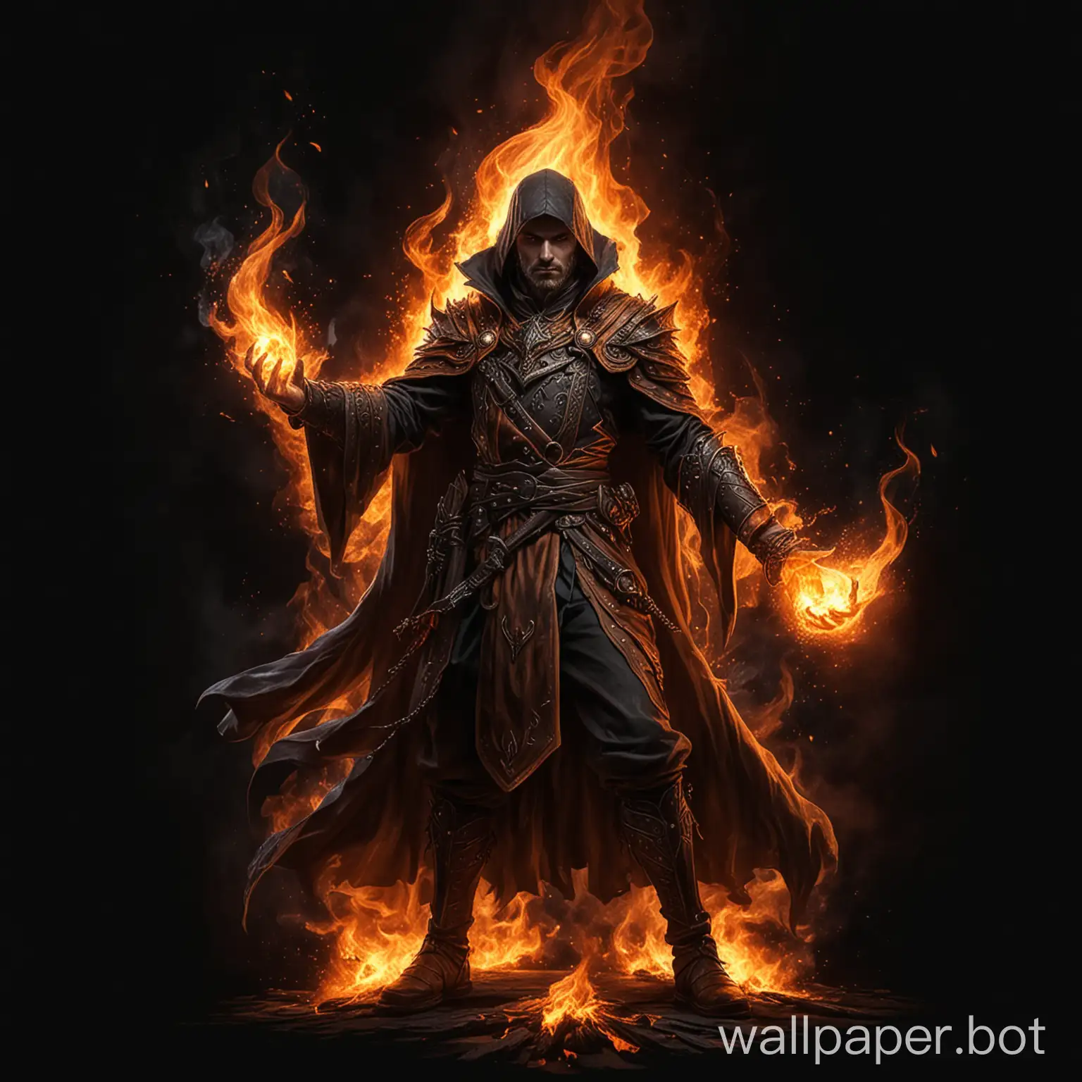 draw a fantasy mage burning with magical flames on a black background