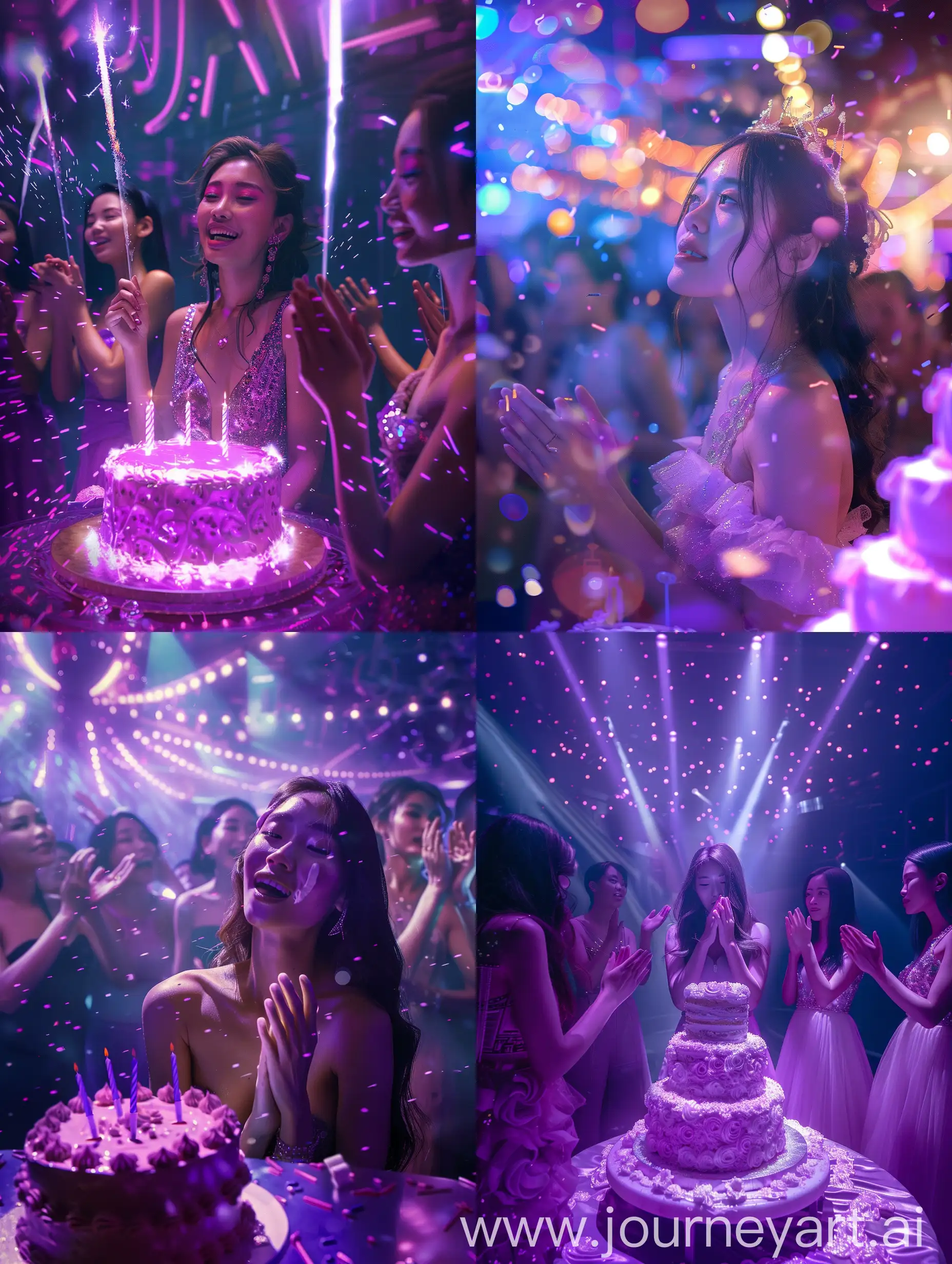 An asian pricess on luxurious birthday day party at spacious night club, friends is clapping on background, huge cake, purple theme, volumetric, neon glow, high detailed, high quality 