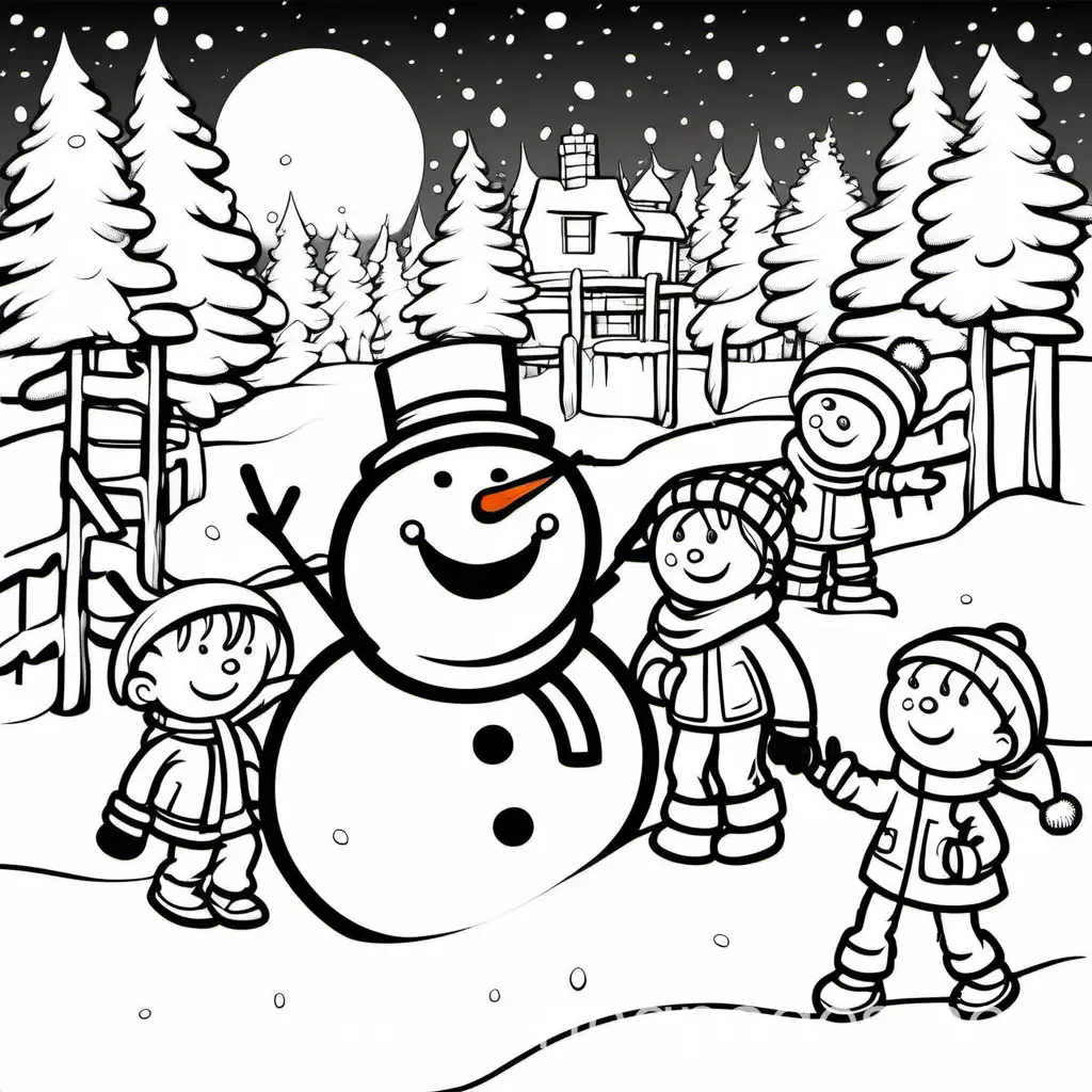 Children building a snowman, others having a snowball fight in a snowy landscape. 2 dimension, low detail, thick lines, no shading., Coloring Page, black and white, line art, white background, Simplicity, Ample White Space. The background of the coloring page is plain white to make it easy for young children to color within the lines. The outlines of all the subjects are easy to distinguish, making it simple for kids to color without too much difficulty