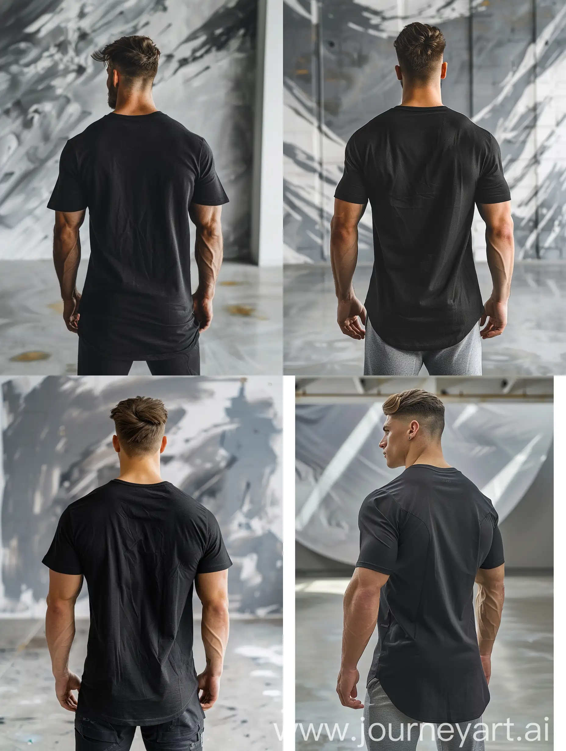 Young-Athletic-Man-in-Black-TShirt-on-Concrete-Floor-with-Abstract-Portrait-Background