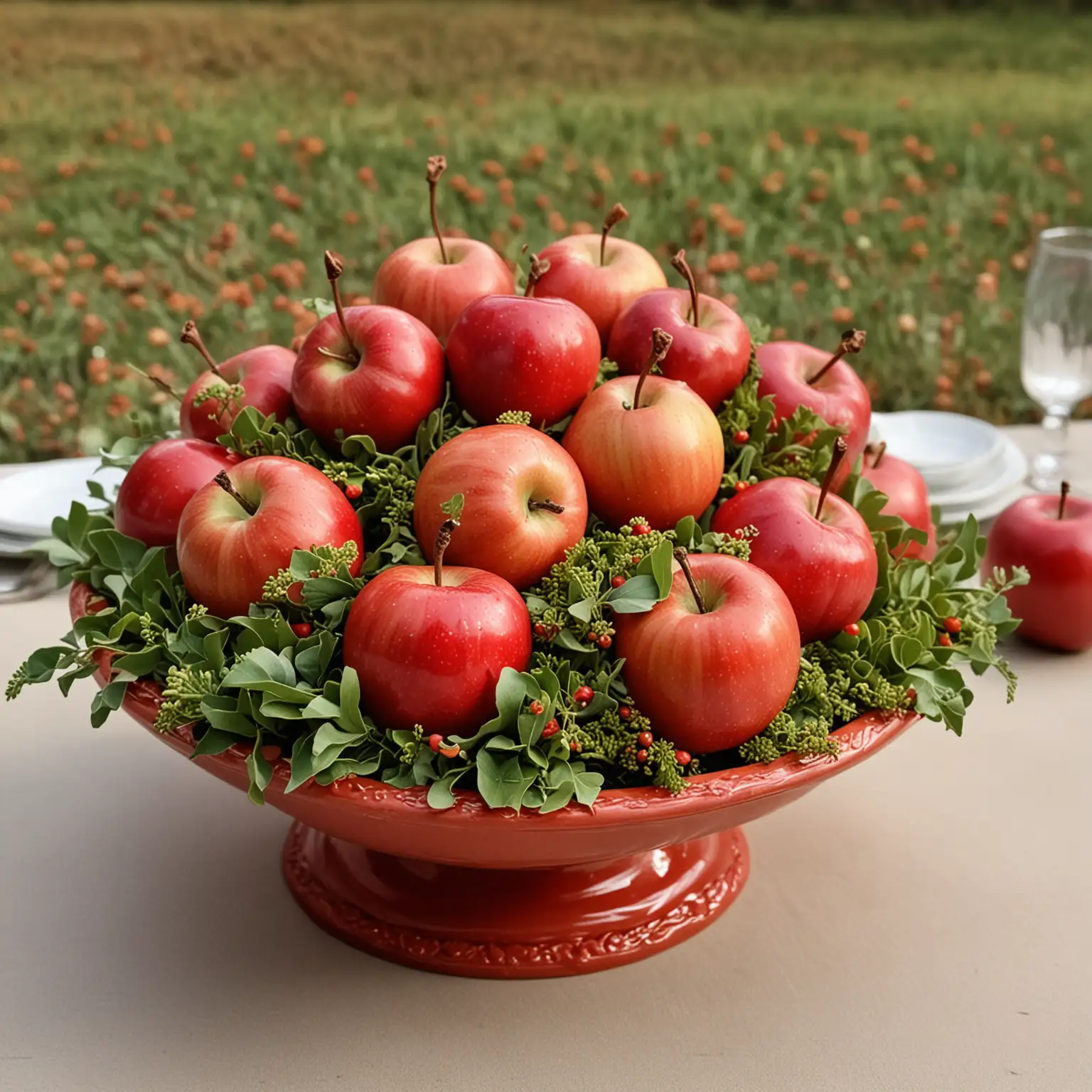 Garden-Themed-Fall-Wedding-Centerpiece-with-Small-Red-Ceramic-Dish-and-Apples