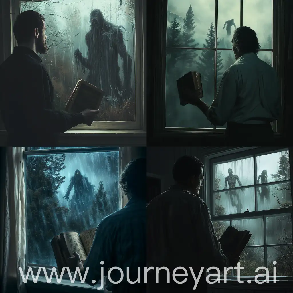al estilo John Carpenter: un hombre tiene un libro en su mano y mira por la ventana; da a un bosque tenebroso y a lo lejos se observa una figura horrorifica