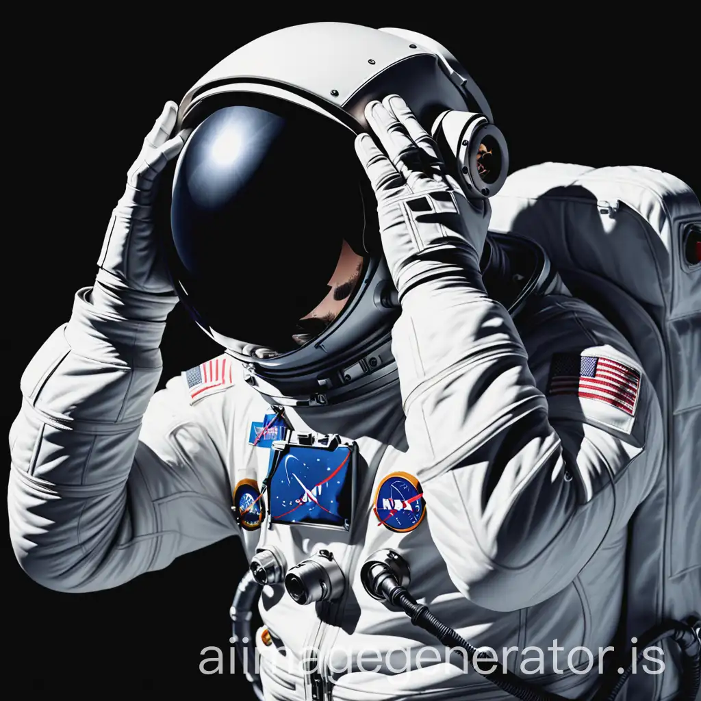An astronaut in a black helmet puts his hands on his head with his head down