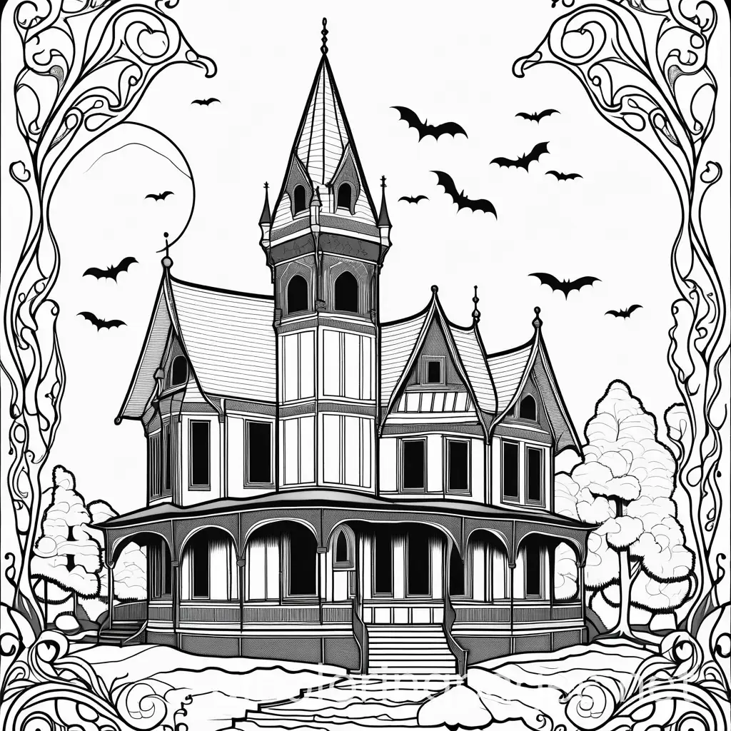 gothic horror, Coloring Page, black and white, line art, white background, Simplicity, Ample White Space