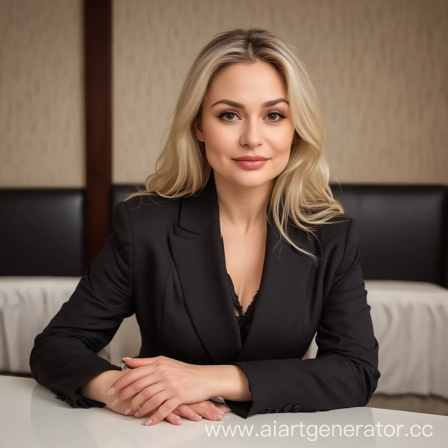 40YearOld-Slavic-Woman-Sitting-at-Light-Hotel-Table-in-Black-Suit