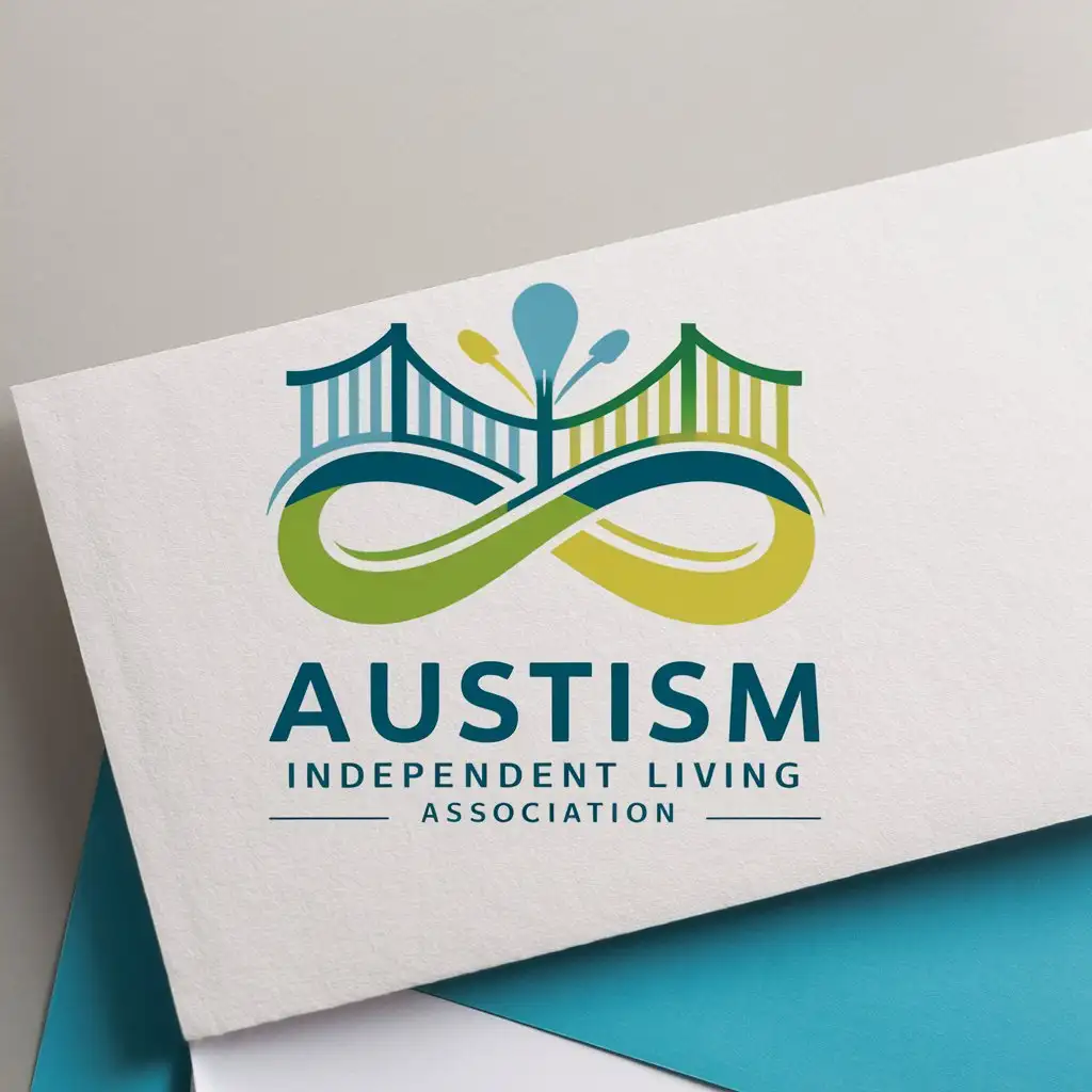 a logo design,with the text "AUSTISM INDEPENDENT LIVING ASSOCIATION", main symbol:this logo should includes bridge, house, or infinity sign in the design. preferred color blue, green, and yellow. must be white stationery design mockup,Moderate,clear background