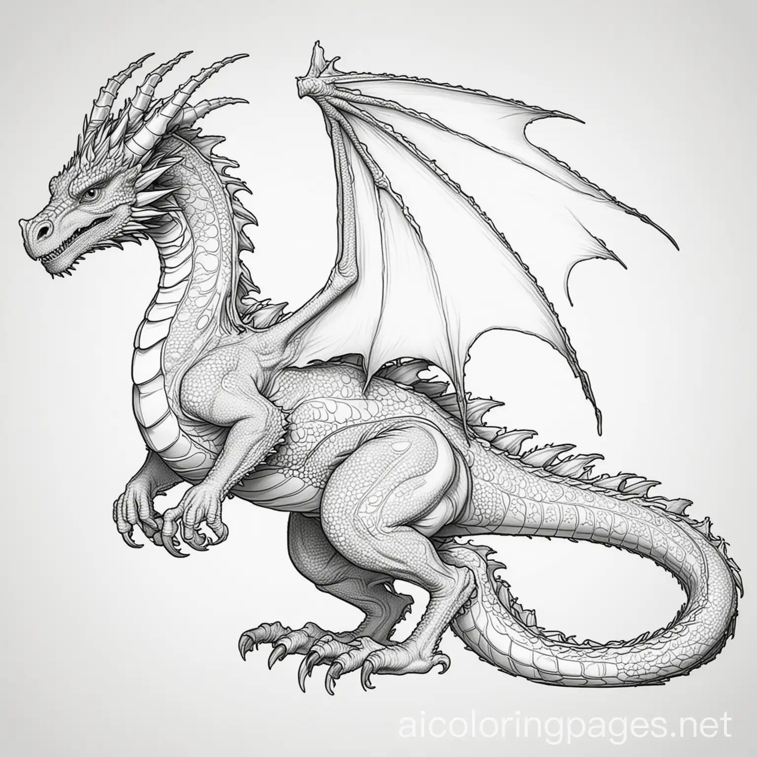 A large western dragon, Coloring Page, black and white, line art, white background, Simplicity, Ample White Space. The background of the coloring page is plain white to make it easy for young children to color within the lines. The outlines of all the subjects are easy to distinguish, making it simple for kids to color without too much difficulty