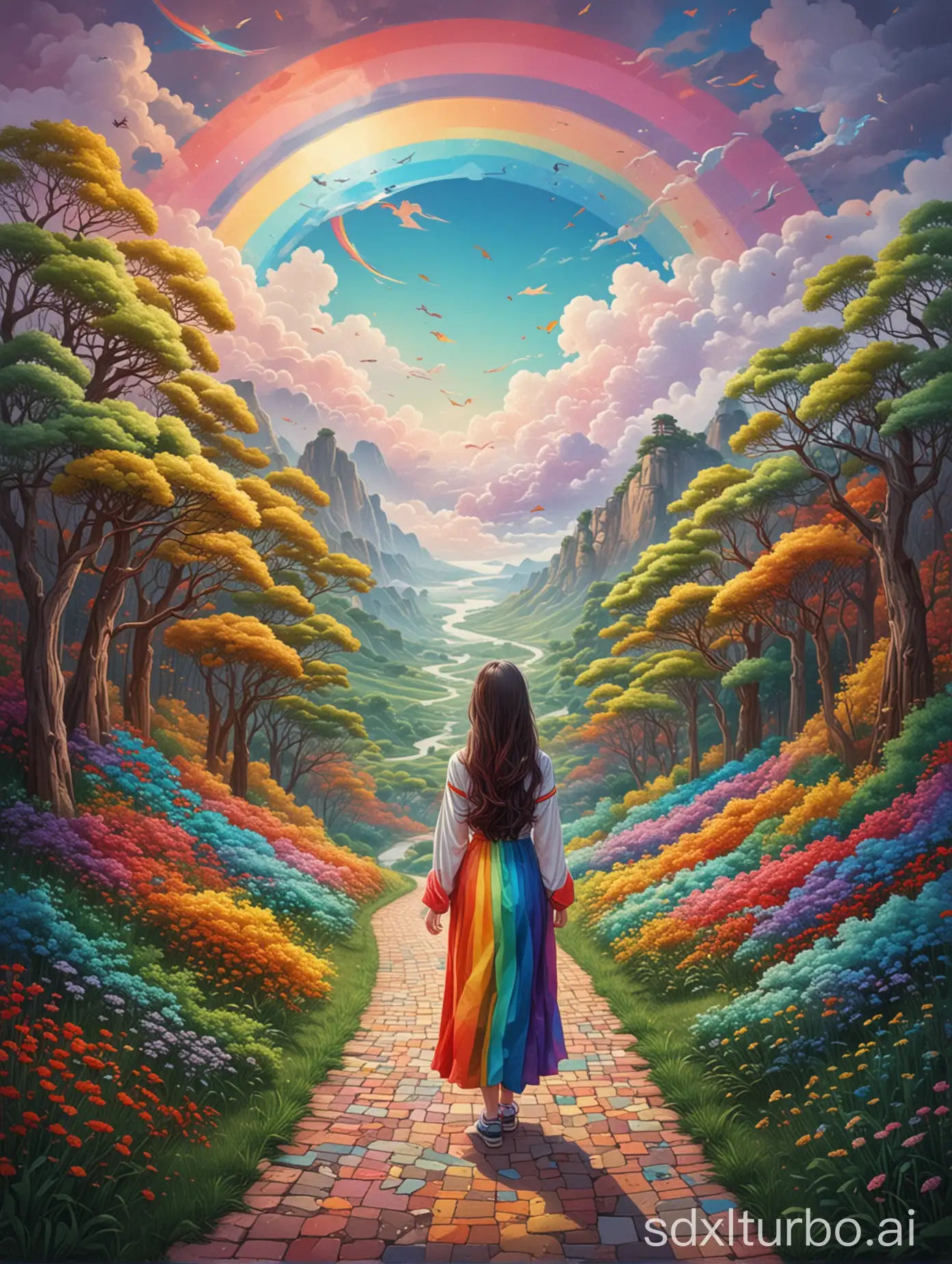 (masterpiece, best quality:1.2),art illustration, girl portrait, often neck, hair by clouds, Extra long hair paved with winding paths, Small silhouette on the path, Baiyun, rainbow, The composition, stitching, trees, rainbow, Contrasting colors, in the spring landscape, Abstract surreal colors,rich and colorful, popular geometric surrealism, rainbow色的梦想, icon design, Rozmin trip, vector art,