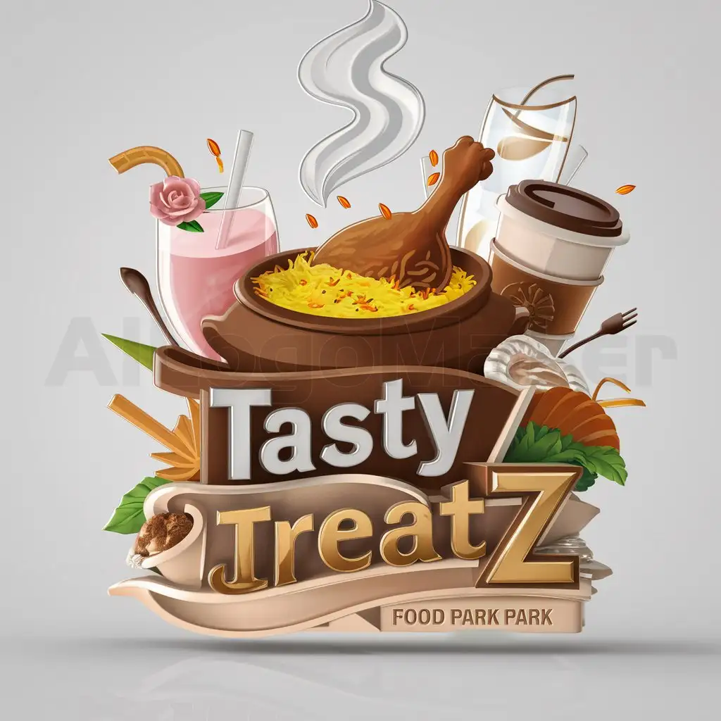 a logo design,with the text "TASTY TREATZ", main symbol:Imagery: visually appealing design that incorporates elements representing biryani (e.g., steaming pot of rice, spices), rose milks (e.g., glass of rose milk, rose flower), and beverages (e.g., coffee cup, iced tea glass). Consider using a food PARK theme by incorporating multiple plates or bowls stacked together. Color: Use warm and inviting colors that evoke feelings of delicious food and drinks. Consider colors like saffron yellow, orange, red, green, and ADD brown CHICKENLEGfor the biryani, pink for the rose milk, and a variety of colors for the beverages. Text: Include the company name in a clear and easy-to-read font. You can also consider including a tagline that summarizes the company's offerings, such as Biryani, Rose Milks & More or A World of Flavors. Style: Choose a design style that is modern, yet timeless. The logo should be easily recognizable and memorable.,complex,be used in FOOD PARK industry,clear background