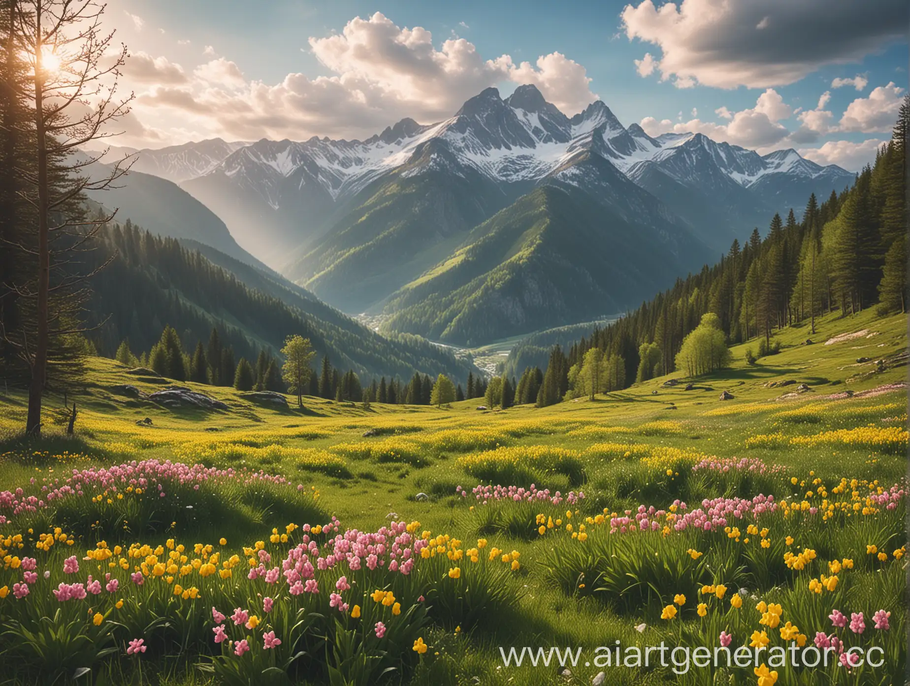 Vibrant-Spring-Scene-Mountainside-Blossoms-and-Sunlit-Peaks