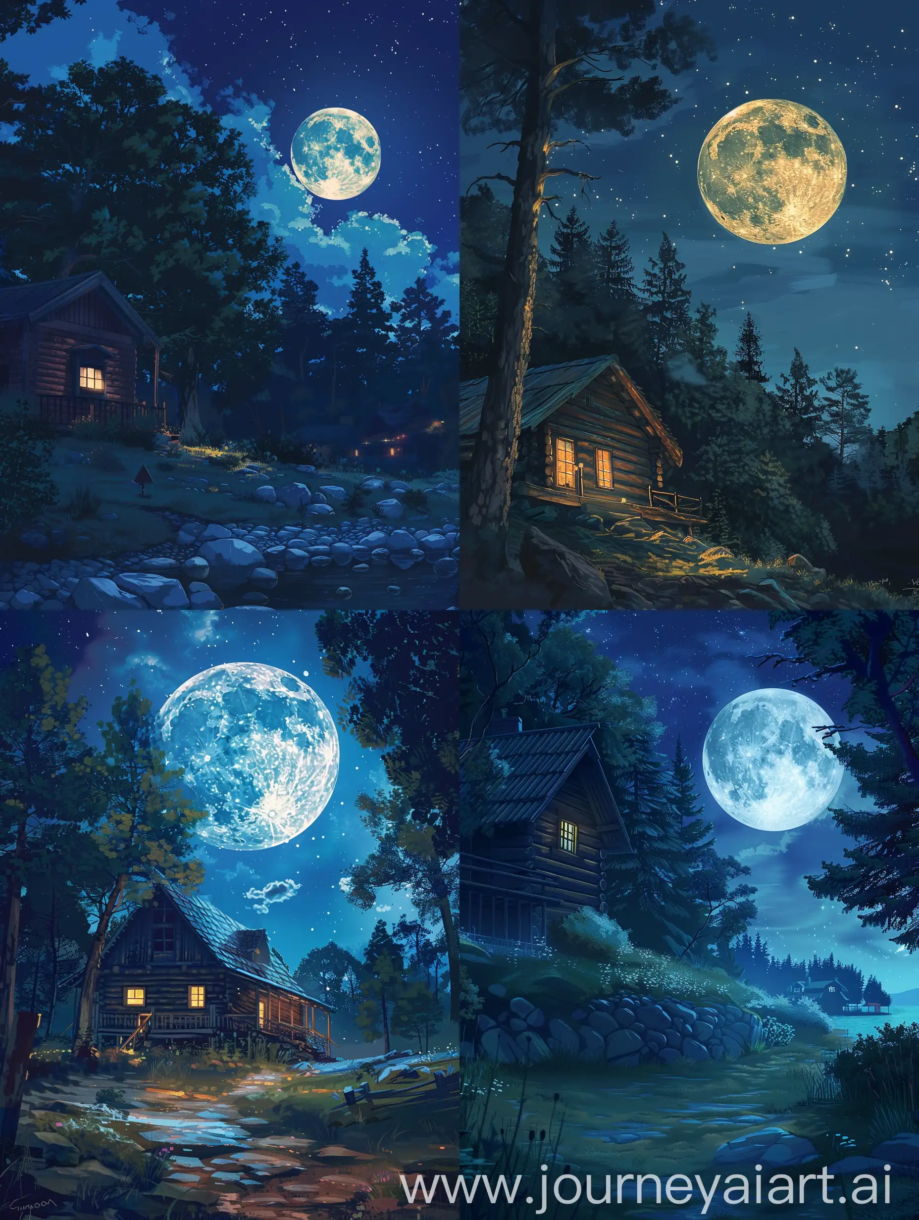 night scene of a cabin in the woods with a full moon, beautiful moonlight night, night scenery, moonlit night dreamy atmosphere, calm night. digital illustration, moonlit night, nighttime nature landscape, anime background art, beautiful wallpaper, at night with full moon, night time moonlight, at night with moon light, dreamy night, nightime village background, 