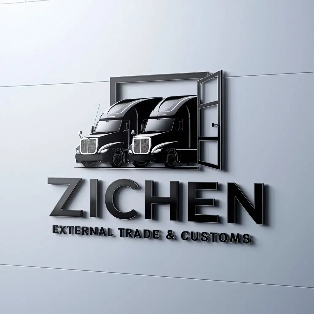 a logo design,with the text "ZICHEN", main symbol:trucks, represent external trade. customs door,Moderate,be used in Others industry,clear background