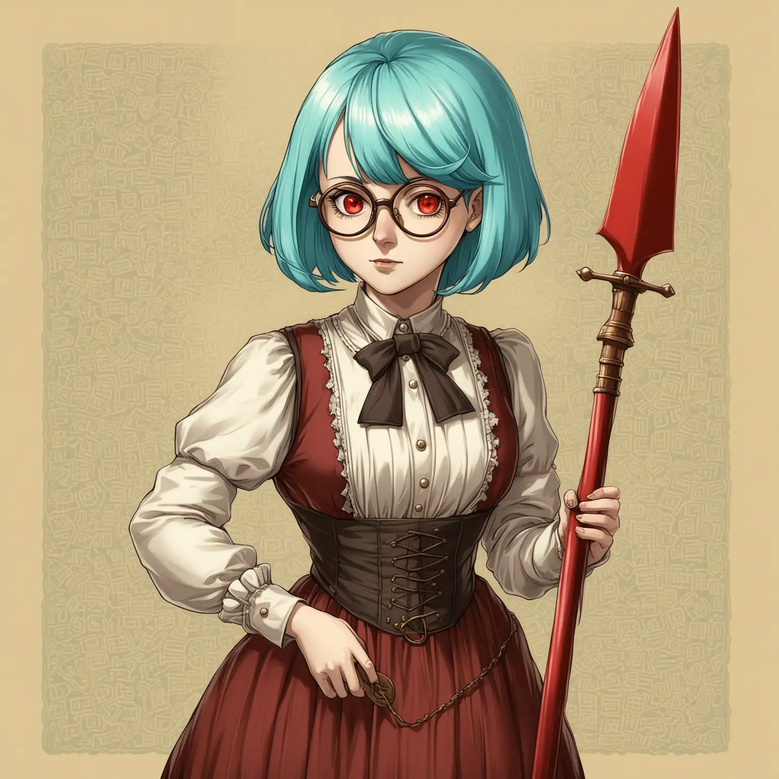 Female, short cyan hair, red eyes, old timey outfit, glasses, red spear
