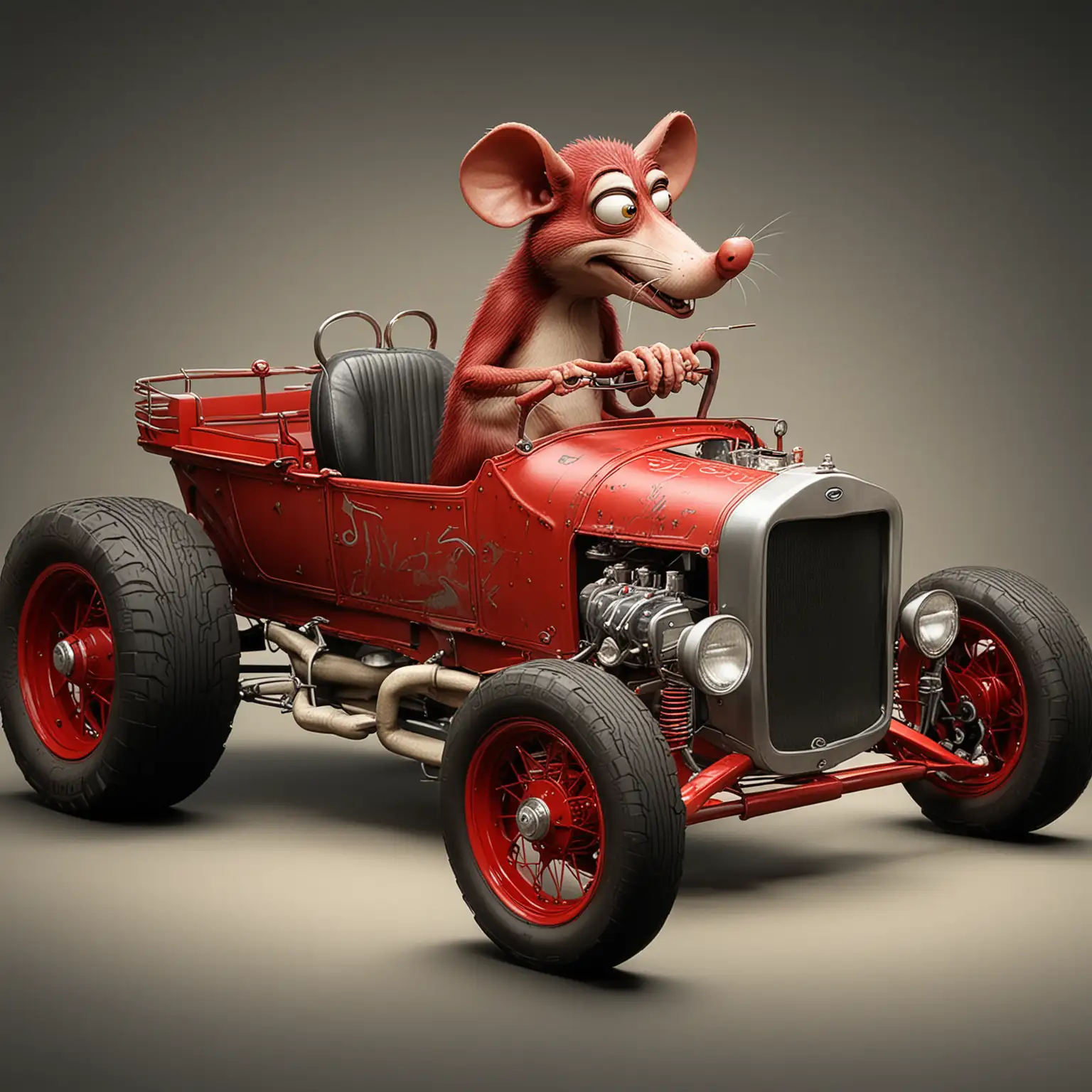 Vintage Red Ford TBucket Hot Rod with Cartoon Rat Driver