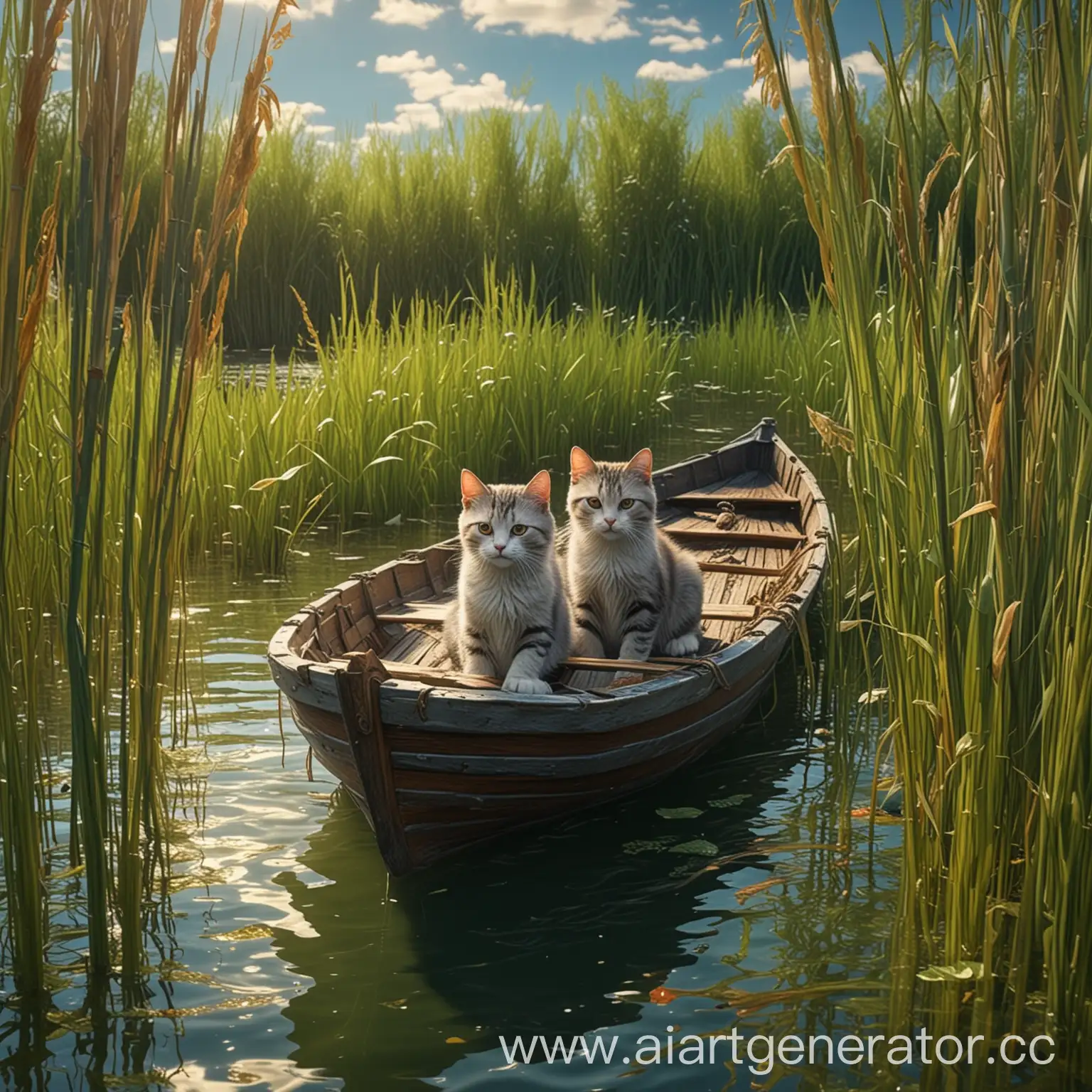 Boat-Floating-with-Cats-Swimming-in-Bright-and-Beautiful-Hyperrealistic-Scene